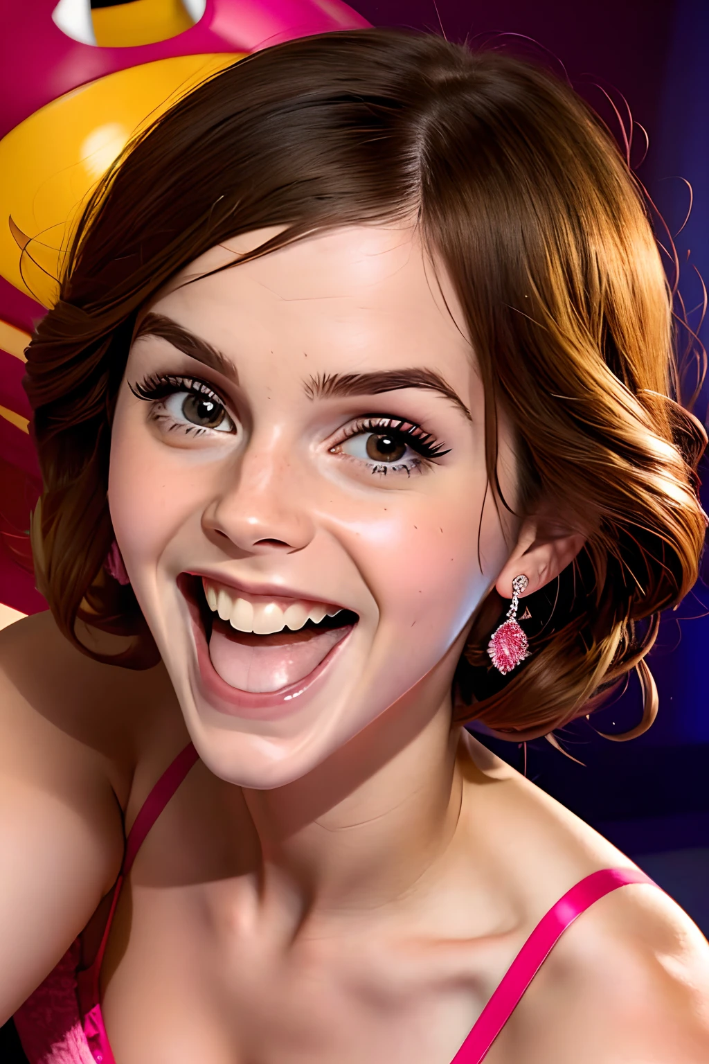 araffed woman, Emma Watson, in a pink bikini holding a red object, Staring Emma Watson Screaming, insane smile, she is smiling and excited, she is laughing, crazy seductive smile, excited, cleavage, mouth open, very excited, fleshy creature above her mouth, sexy bra, tongue out, youtube video screenshot, big smile on her face, sexy girl