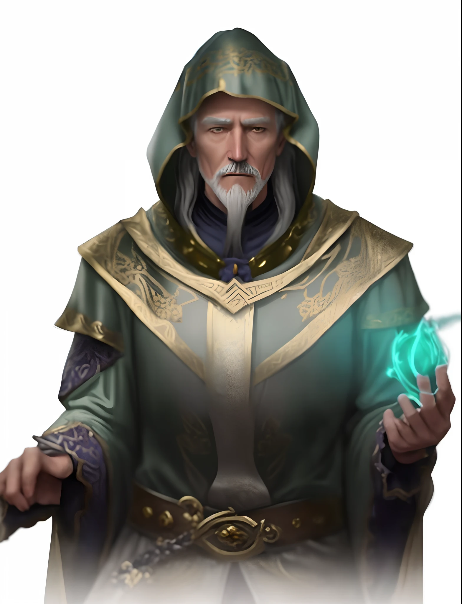 Gray-haired, Old-fashioned male mage，Erudition，A noble and gorgeous dress，Gold filigree patterned satin