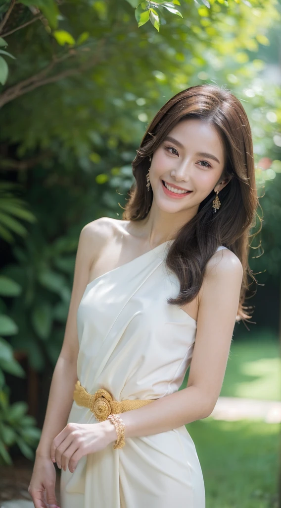 8k, masterpiece, RAW photo, best quality, photorealistic, extremely detailed CG unity 8k wallpaper, Depth of field, Cinematic Light, Lens Flare, Ray tracing, (extremely beautiful face, beautiful lips, beautiful eyes), intricate detail face, ((ultra detailed skin)) 1girl, in the dark, deep shadow, pretty girl, (very slim slender fit-muscled body:1.3), ((looking at viewer)), (big smile:1.3), clear eyes, front shot, (pale skin), (big eyes), face forward, (brown hairs), (looking at viewer:1.3), very slim, small breasts, (upper body shot), BREAK (wind effect:1.4), (floating sabai:1.3), (black sabai:1.2), (white dress:1.2), (jewelry:1.3), showing right shoulder, in wonderful garden, sunray, sun raise, sun light,
