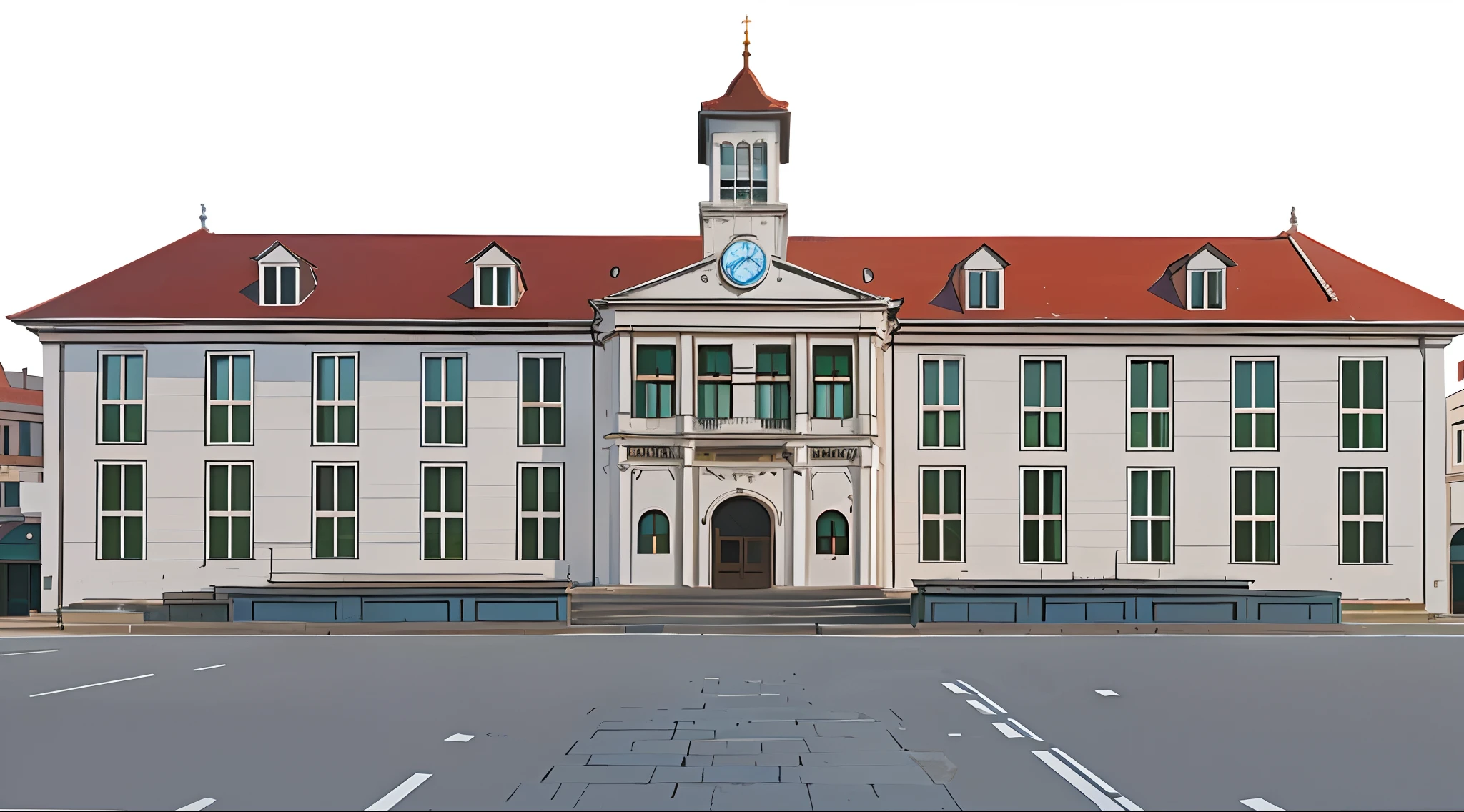 illustration of a large white building with a red roof and a clock tower, frontview, an extremely detailed building, artwork of a building, ornate palace made of green, building facing, old building, inspired by Claes Jansz. Visscher, neoclassical police station, front elevation view, elevation view, palace background, white building, town hall, official courthouse, arafed white building with a clock on top of it, old building, sprigger, white building, by IAN SPRIGGS, historical image, whitewashed buildings, in a city with a rich history, art nouveau temple, stunning image, art nouveau architecture, stanley artgem lau, old shops, khedival opera house, art nouveau, single building, anime style, makoto shinkai building, anime render, 2d render, cartoon,
