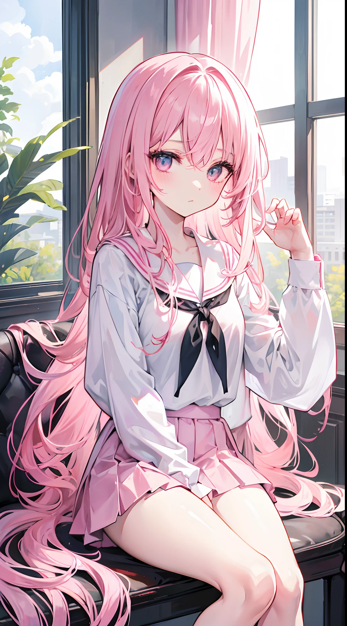 Light pink hair curtain,Long pink hair exudes light,Detailed description of hair,light pink eyes,Hair a little messy,White with blue sailor suit,breast protrusion,One hand pulls up the hair curtain,In the library,sit on the chair,,Next to the window,sunlight shining through,big white legs,Leg series depiction,Dumb expression,legs slightly apart,Girl in short skirt,Hold your chest with one hand,Place one hand flat at your side,Squeeze the chest,Wet nipples protrude,