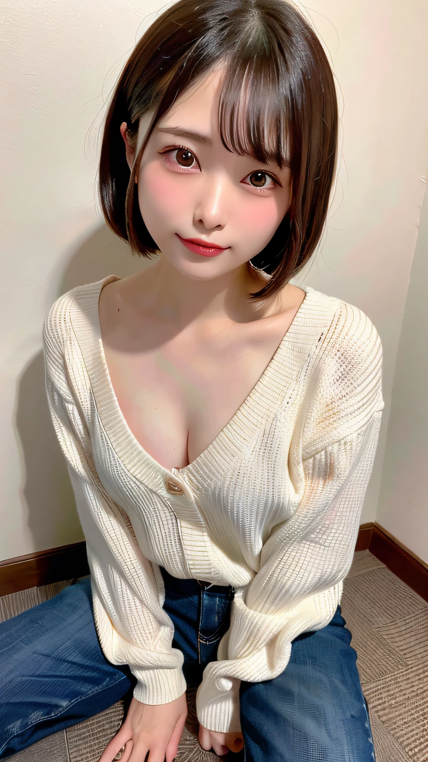 (top-quality、8K、32K、masterpiece、nffsw:1.2)、Photo of a cute Japanese woman、large full breasts、very short bobbed hair、sface focus、Brown Knitwear:1.2、Classy pants、a necklace、Staring at the viewer、Seduction Pose、Seductive facial expressions、Sitting on an office chair and crossing your legs