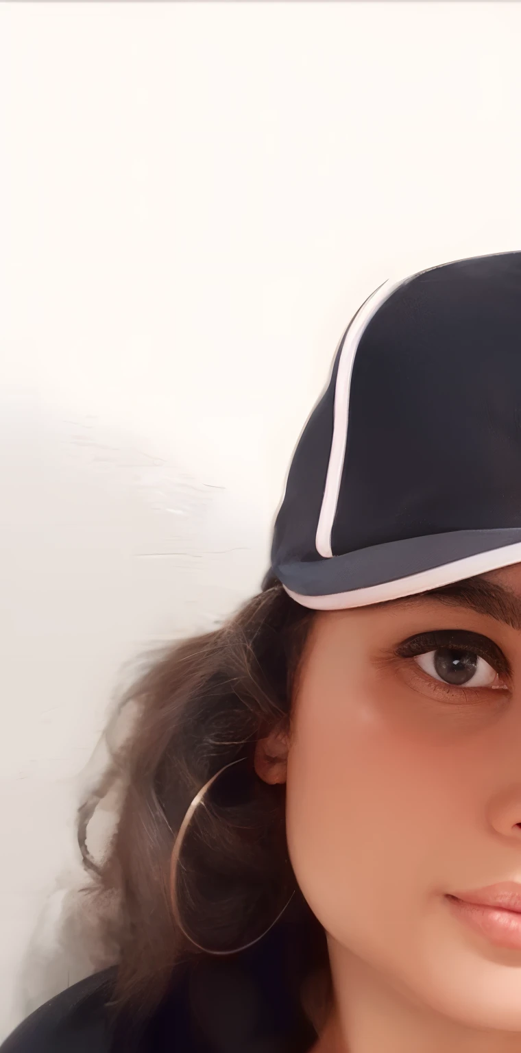 Disney pixel version in the high quality image a short brunette pregnant woman with half brown hair half curly one light brown eye is wearing a black and pink cap has a l on the front of the cap wearing an earring and wearing a Disney blouse