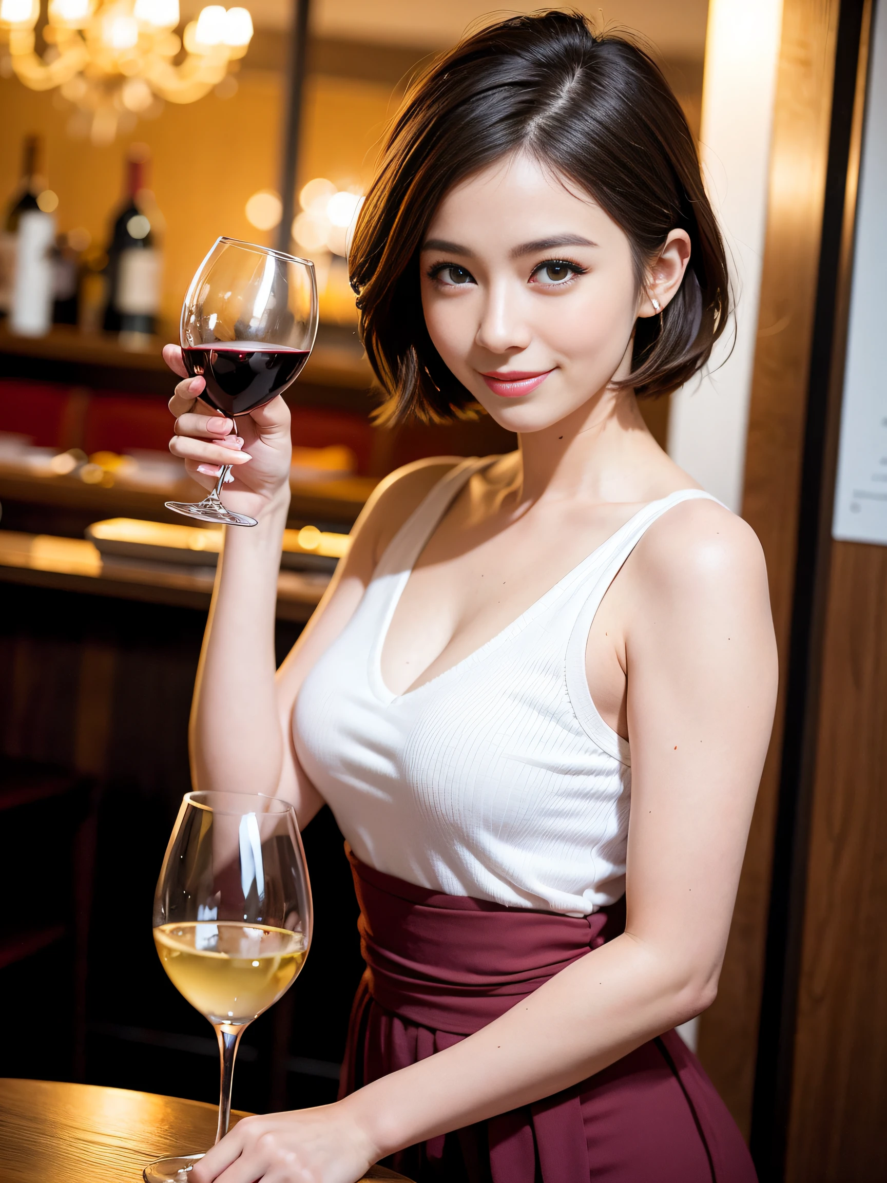 (hair, Ultra-high resolution, highest quality, masterpiece: 1.2), (Realistic, photoRealistic: 1.37), Very detailed, 1 pretty woman, (Slim face), (The body is slim), (Brown Hair), (Shortcuts), cheeks turn a little red, (44 years old), 38 years old, alone, living,Wine glass sits, At night, NovaFrogStyle in a prominent place, actress, model, Upper Body, White wine, slim, wine glass, Super Clean night View, wine glass Put in the Middle, Happy smile, (smile: 1.15), Beautiful Eyes, Upper Body, Destroy Japan, night, short, short, actress, model, Upper Body, White wine, slim, wine glass, Super Clean night View, wine glass Put in the Middle, Happy smile,