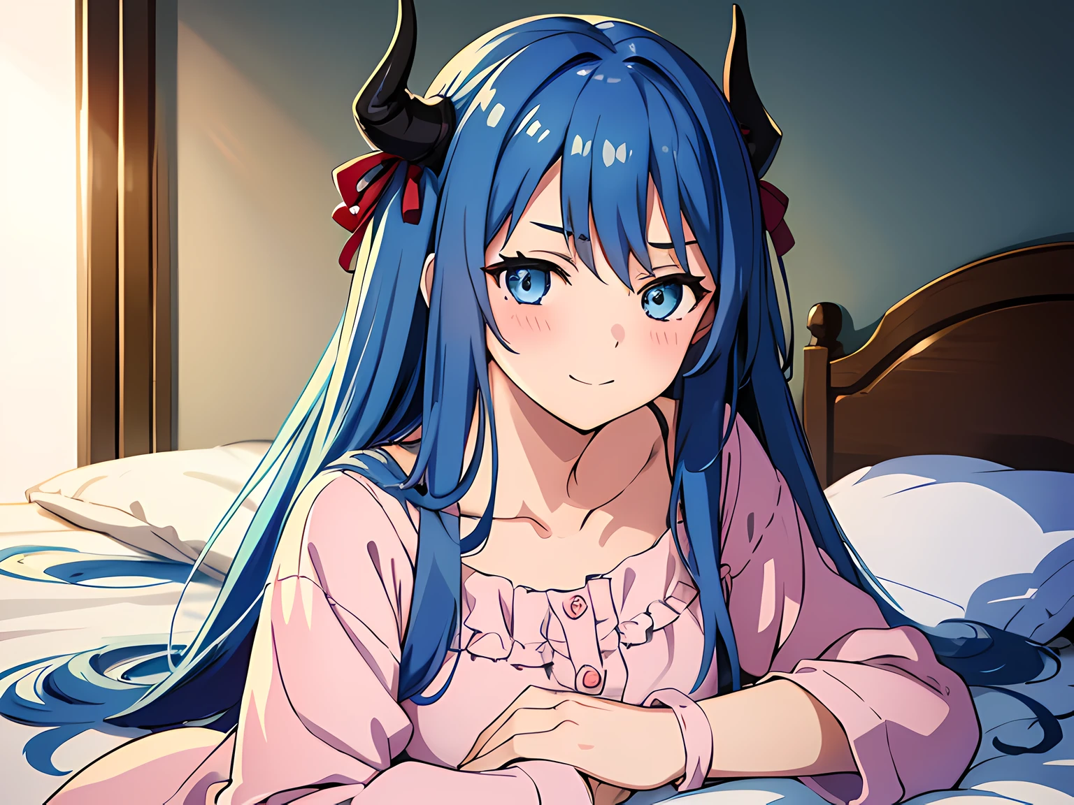 1 girl, sitting on bed arms behind back, (beautiful eyes finely detailed, light blue hair, long hair, demon horns), wearing long pyjamas, happy facial expression, smiling, blush on her face, bedroom, sidelighting, an anime drawing inspired by ufotable studios, from fate stay night anime