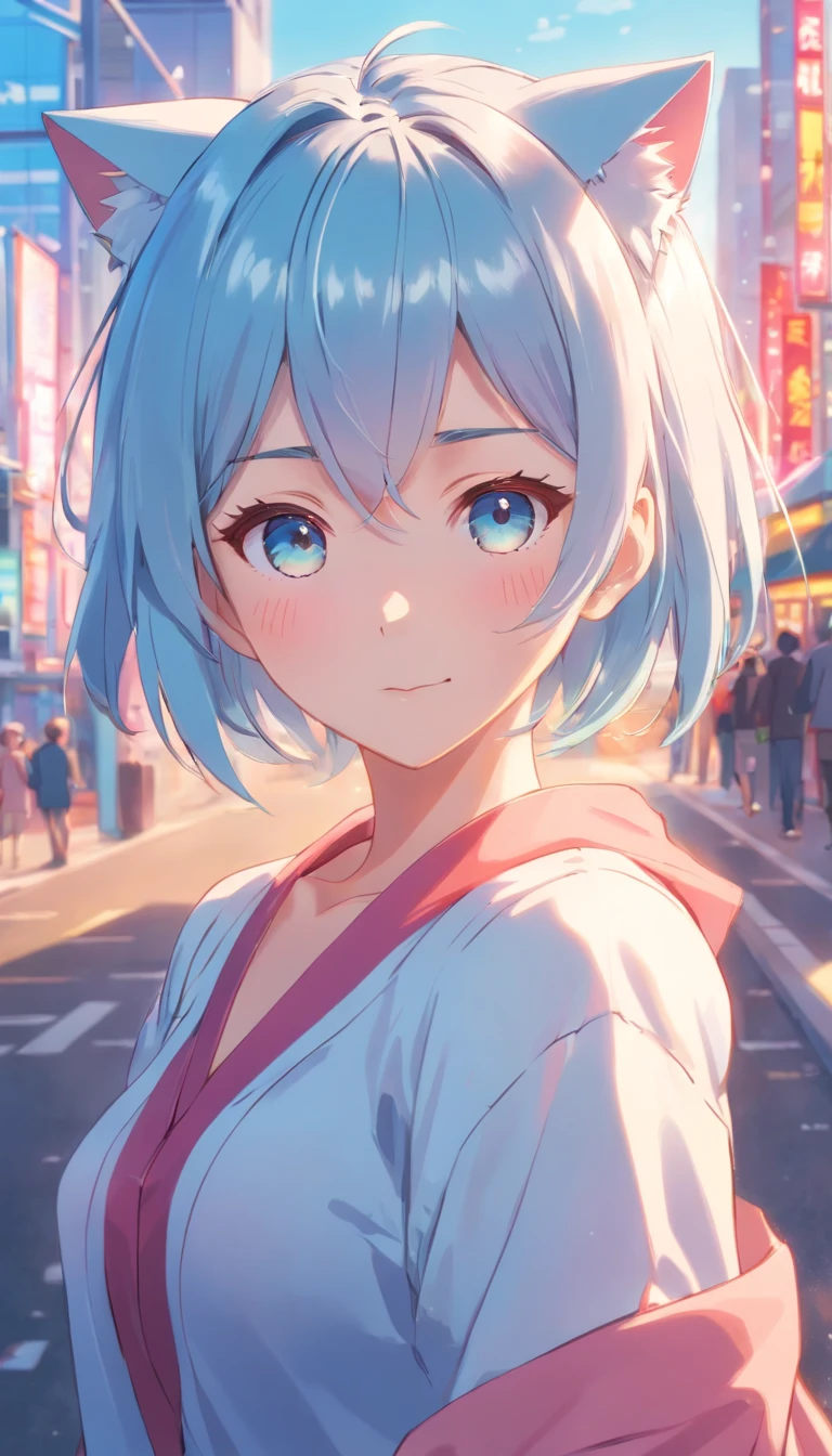 1girll,full bodyesbian,long eyelasher, Silver hair, Light blue hair, Gradient hair, hair pin, Hairpin, hair adornments, Heart-shaped pupils, Pink eyes, Cat ears, Light smile, Shy, Blush, hearts in eyes, anime, Anime style, 8K, Super detail, Best quality, hyper HD, Masterpiece, High details, High quality, Best quality