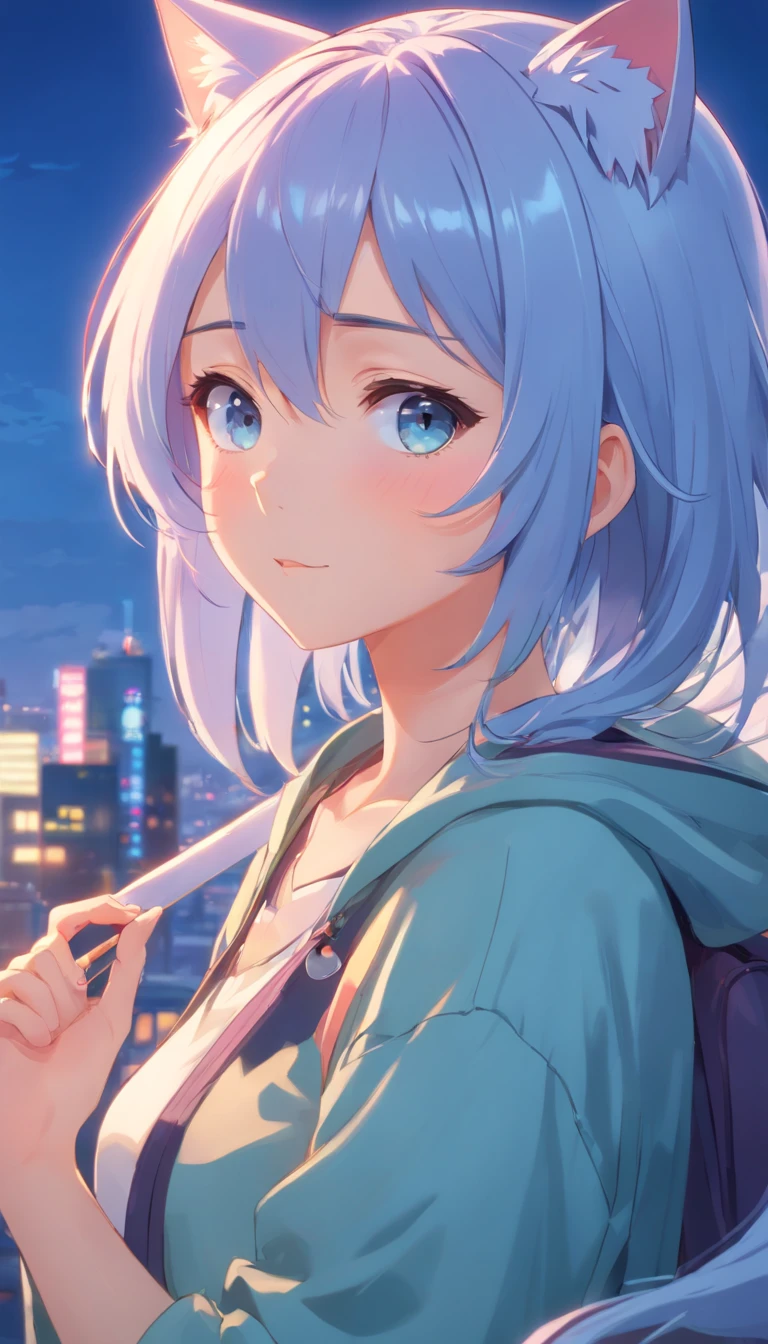 1girll,full bodyesbian,long eyelasher, Silver hair, Light blue hair, Gradient hair, hair pin, Hairpin, hair adornments, Heart-shaped pupils, Pink eyes, Cat ears, Light smile, Shy, Blush, hearts in eyes, anime, Anime style, 8K, Super detail, Best quality, hyper HD, Masterpiece, High details, High quality, Best quality