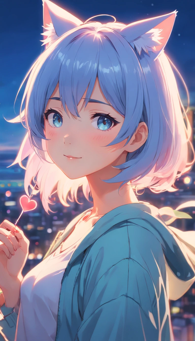 1girll,full bodyesbian,long eyelasher, Silver hair, Light blue hair, Gradient hair, hair pin, Hairpin, hair adornments, Heart-shaped pupils, Pink eyes, Cat ears, Light smile, Shy, Blush, hearts in eyes, anime, Anime style, 8K, Super detail, Best quality, hyper HD, Masterpiece, High details, High quality, Best quality