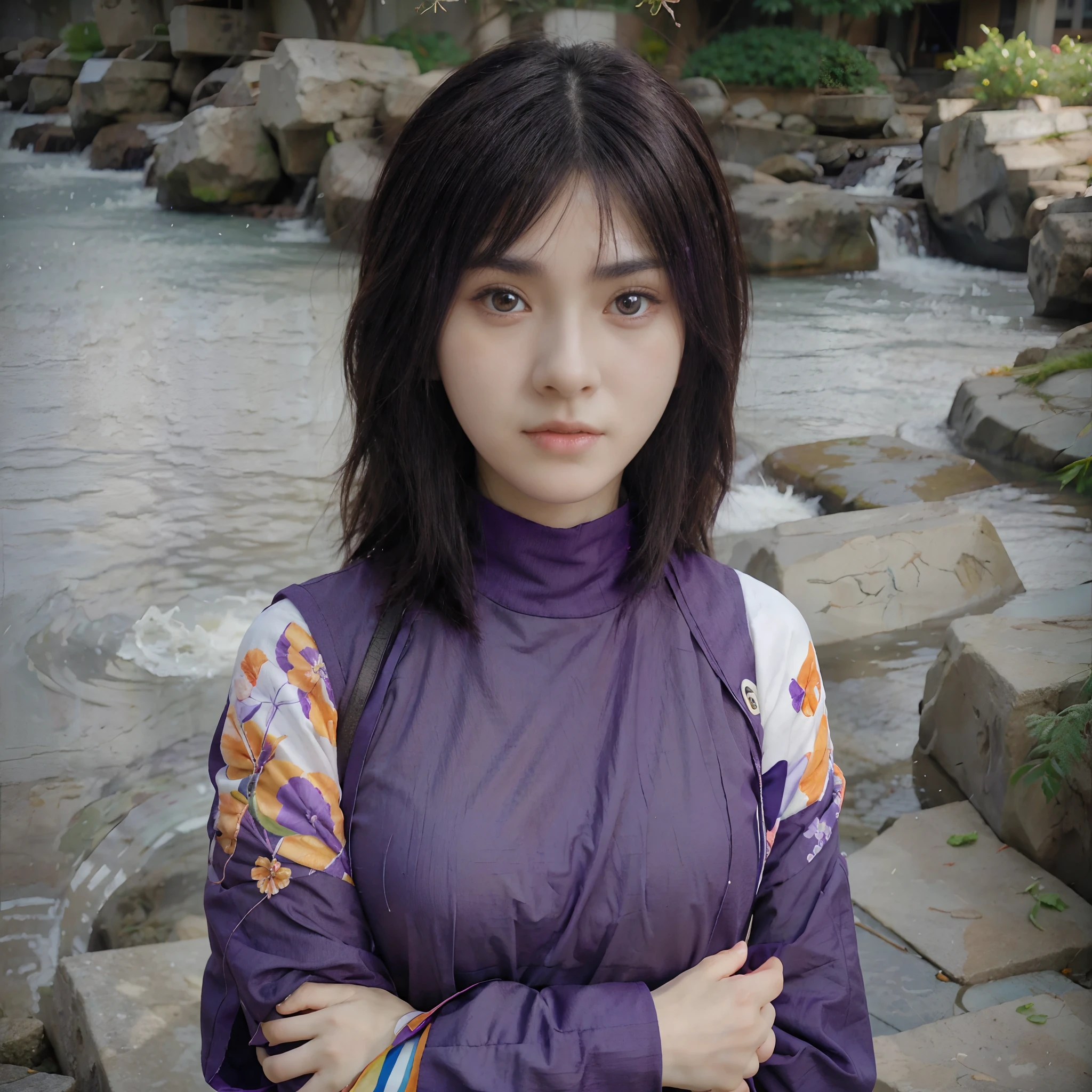 1. Hinata Hyuga realistic with hair bangs and white eyes wearing purple clothes with flower motif on her sleeve very perfect