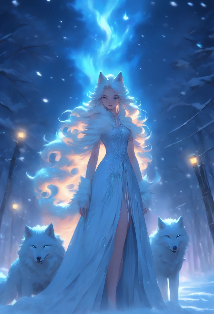 snowy night：1.3，Moonlight shining blue，She has her back to the camera，turned around，Not anthropomorphic：1.5，（Full body），（She、Walking with a white wolf：1.3），Big Blue Moon，（Long blue-white dress），（Blue-eyed big wolf），in snow，White hair：1.3，(​masterpiece、top-quality、top-quality、Beautifully Aesthetic:1.2)、(((White Pretty Girl)))、Cool pose、ighly detailed、colourfull、highestdetailed, Anatomically correct：1.3, nffsw, high details, Textured skin, 8K，perfect hand，perfect arms，delicate detail：1.3，Back lighting，White handbags，long boots，muffler（blue flames：1.5）