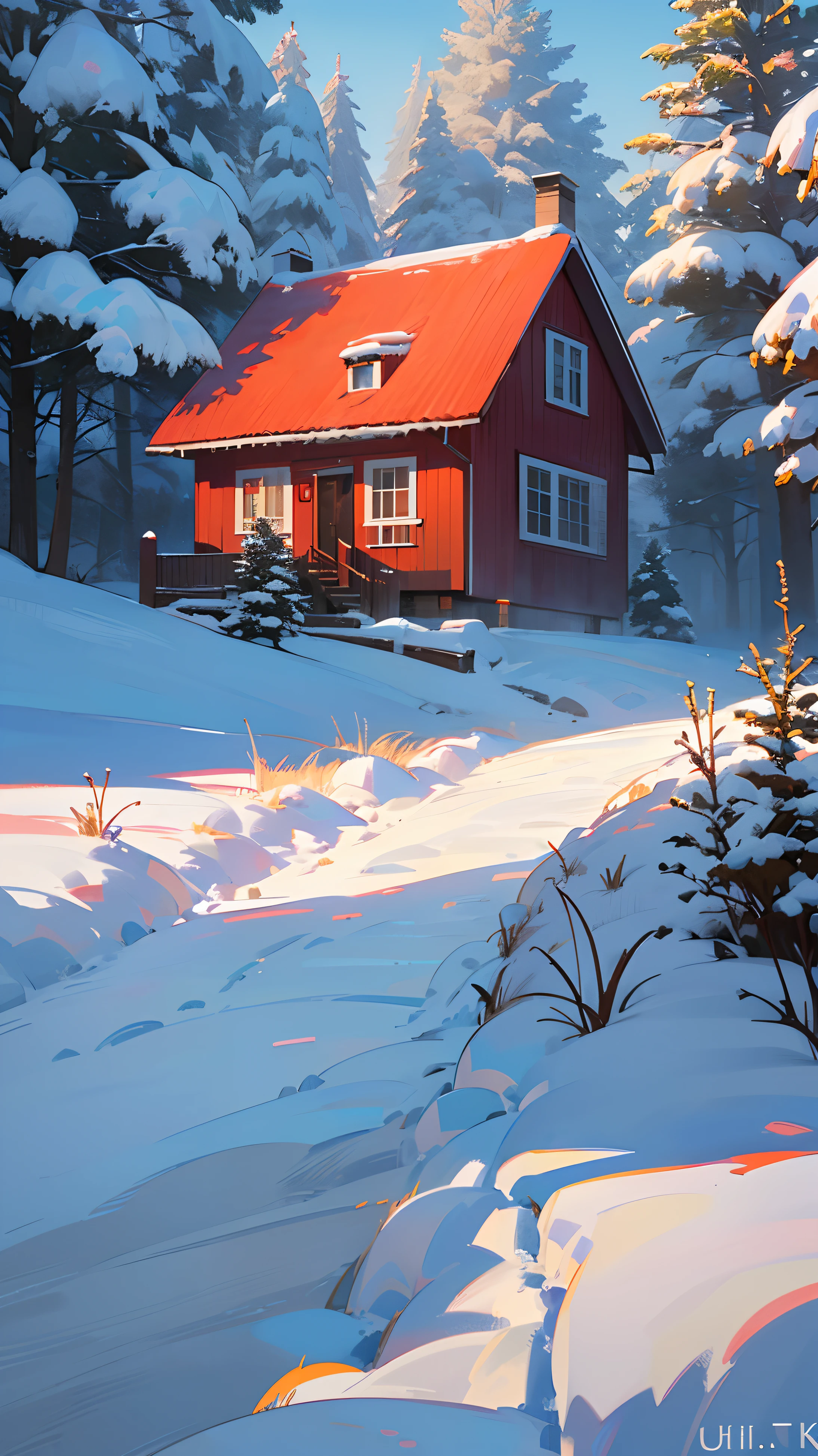 `(8K),Winter landscape with light snowfall and strong winds, a small hill with a red tiled house covered in snow stands, a path leading to the red tiled house lined with resilient flowers, grass, and trees. A river flows beside the hill.`(best quality,ultra-detailed,realistic:1.37),vivid colors,photography,cold blue tones,soft lighting