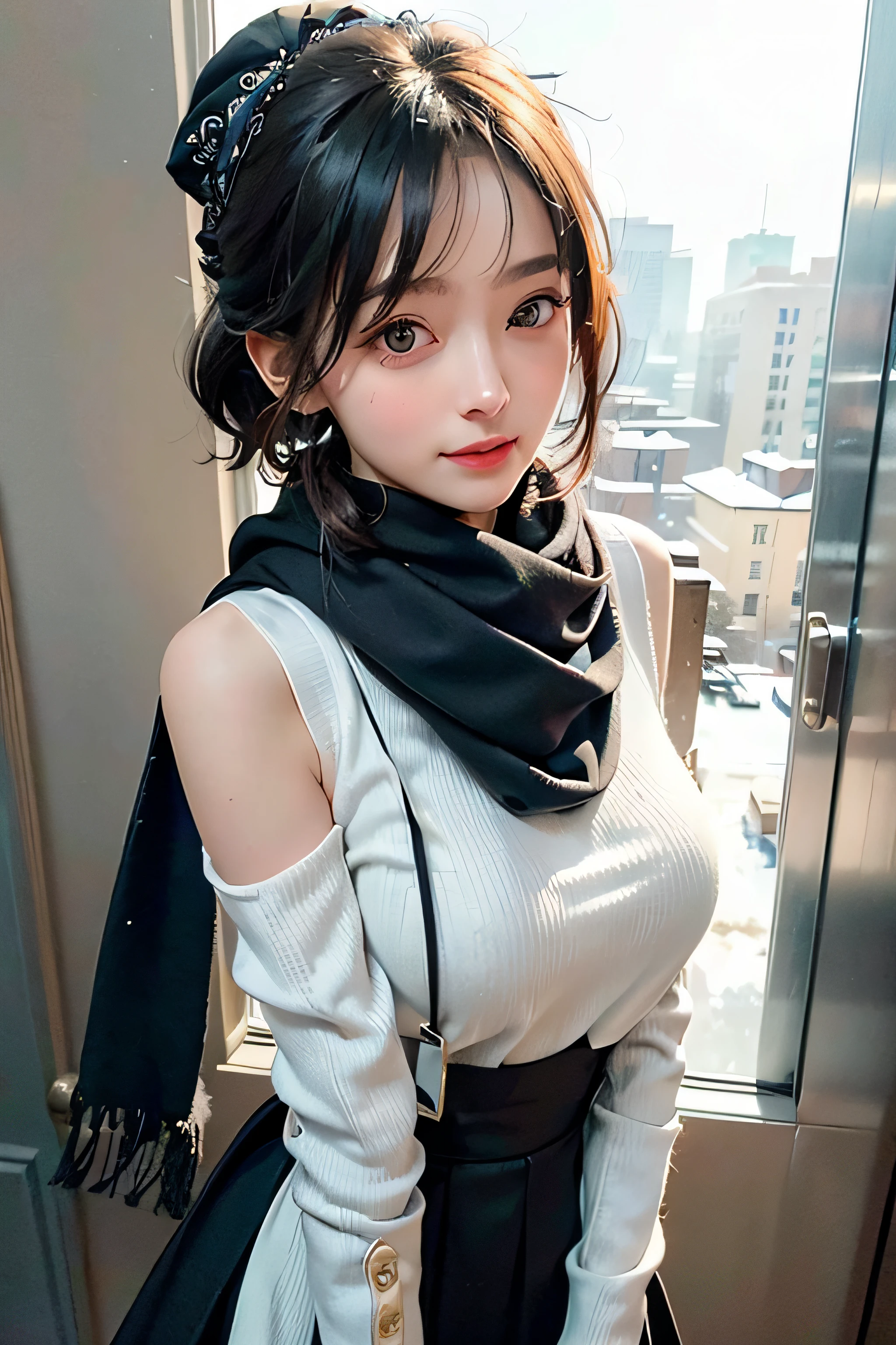 (a closeup:1.4)、(RAW Photography:1.2)、(Photorealsitic:1.4)、(masterpiece:1.3)、(top-quality:1.4)、dream-like、(A detailed eye)、(detailed facial features)、(detailed clothes features)、Clear skin、(shinny skin)、(Slender and beautiful girl)、(Beautiful leg lines)、one girls、(FULL BODYSHOT)、独奏、cute little、Happy smiling face、(huge-breasted)、beauty breast、bangss、Short Bob、A dark-haired、Black eye、Long Scarf、White wool sweater、off shoulders、a long skirt、Snow boots、obscenity、black scarf, big scarf, scarf cover shoulder, scarf cover chest, office attire, wool scarf