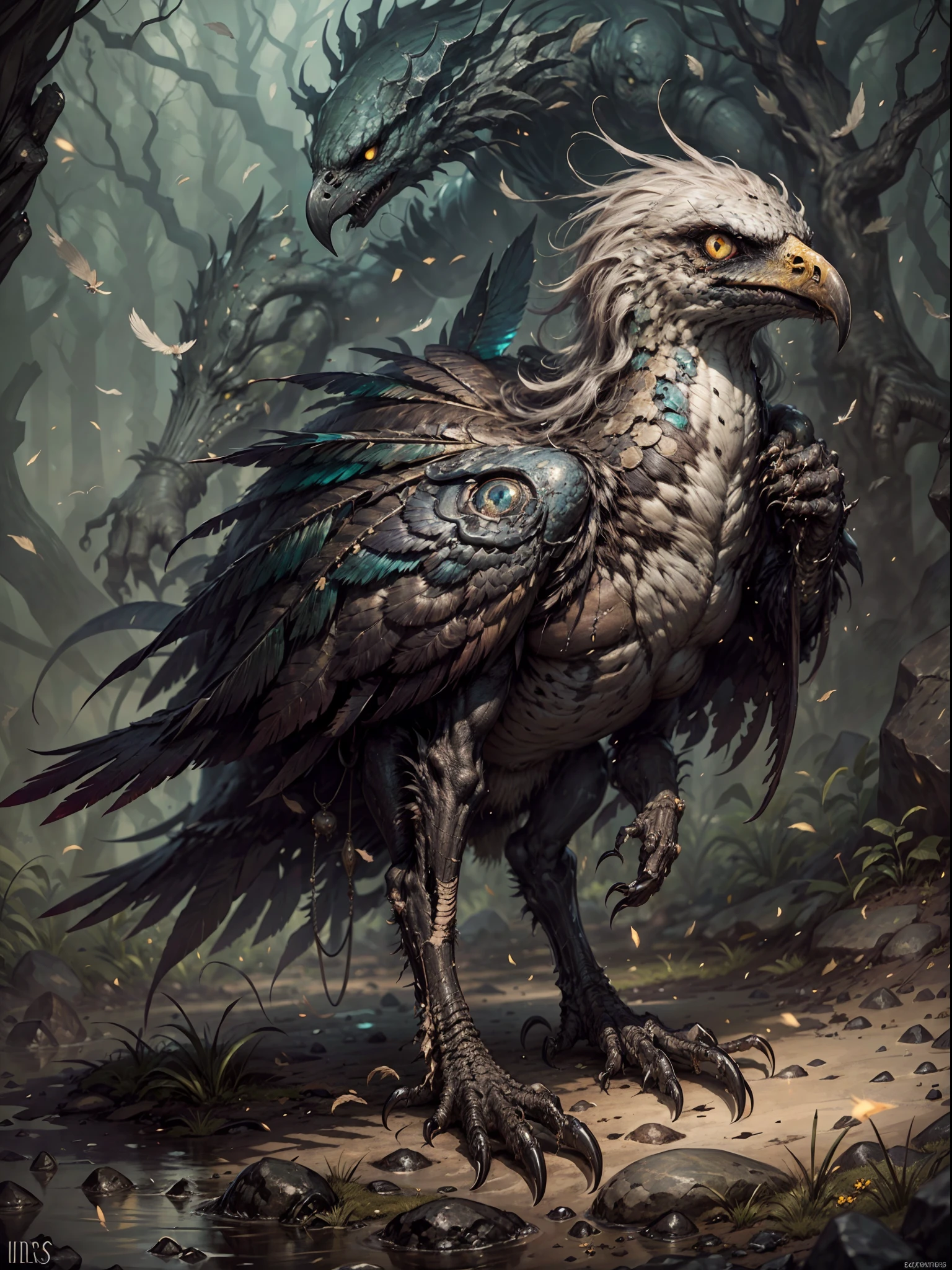 The nightmarish creature seemed to be about five or six meters tall.
Its height was hard to estimate due to its constantly hunched back. A back from which the creature's spine seemed on the verge of bursting out.
Pale skin all over, so pale it appeared blueish. Covered by small bumps.
Its feet resembled those of an eagle. Its talons were sharp and long. Too long, in fact. So much so that their continuous and unnatural growth and contact with the ground had grotesquely deformed them.
Its legs seemed to have, long ago, been covered by feathers. Now, however, only patches of colorful feathers remained here and there.
The creature's wings and arms were one. The separate limbs seemed to have, for some reason, fused together. They, too, had lost most of their feathers. At the end of its upper limbs, deformed fists and claws that had taken the appearance of rocks.
At the joints, pieces of flesh were missing.
The creature had three distinct heads.One of those heads, was that of a hawk. An eyeless hawk.
Its second head was that of a woman with long dark hair. A woman with no eyes or lips. A woman whose lips and cheeks had been burned off, setting free her teeth into a brazen and unconcealable smile. A woman whose eyes had, somehow, been fully erased, leaving not even a trace. The creature's third head protruded from its stomach. A head with no features. None, except two wide eyes devoid of eyelids. Two wide eyes cursed to stay open forever. Two wide eyes cursed with Corruption that had turned them completely black. Differentiating between those eyes' pupils, iris, or scleras was impossible.Unnatural.
Anyone could guess with a glance.
Noticing the numerous stitches that connected the creature's different heads to its main body was far from necessary to tell.
Cursed, the creature's eyes sporadically let out dark tears as it screeched with pain.