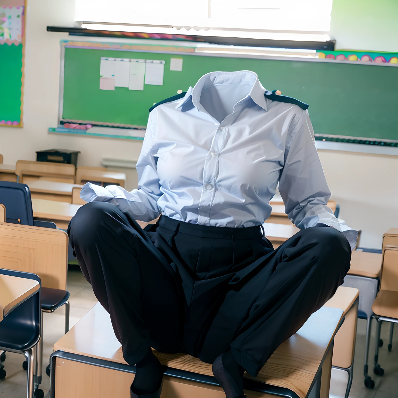 school uniform, (slacks, Spread legs, classroom, sitting on desk:1.7), (invisible, no humans:1.7, headless:1.7, handless, faceless:1.7), (cute big breasts:1.4), close-up shot of breasts, 
(32k, RAW photo, best quality, masterpiece:1.5), (realistic, photo-realistic:1.6), photon mapping, radiosity, ((Hasselblad photography)), physically-based rendering, (ultra detailed:1.5)