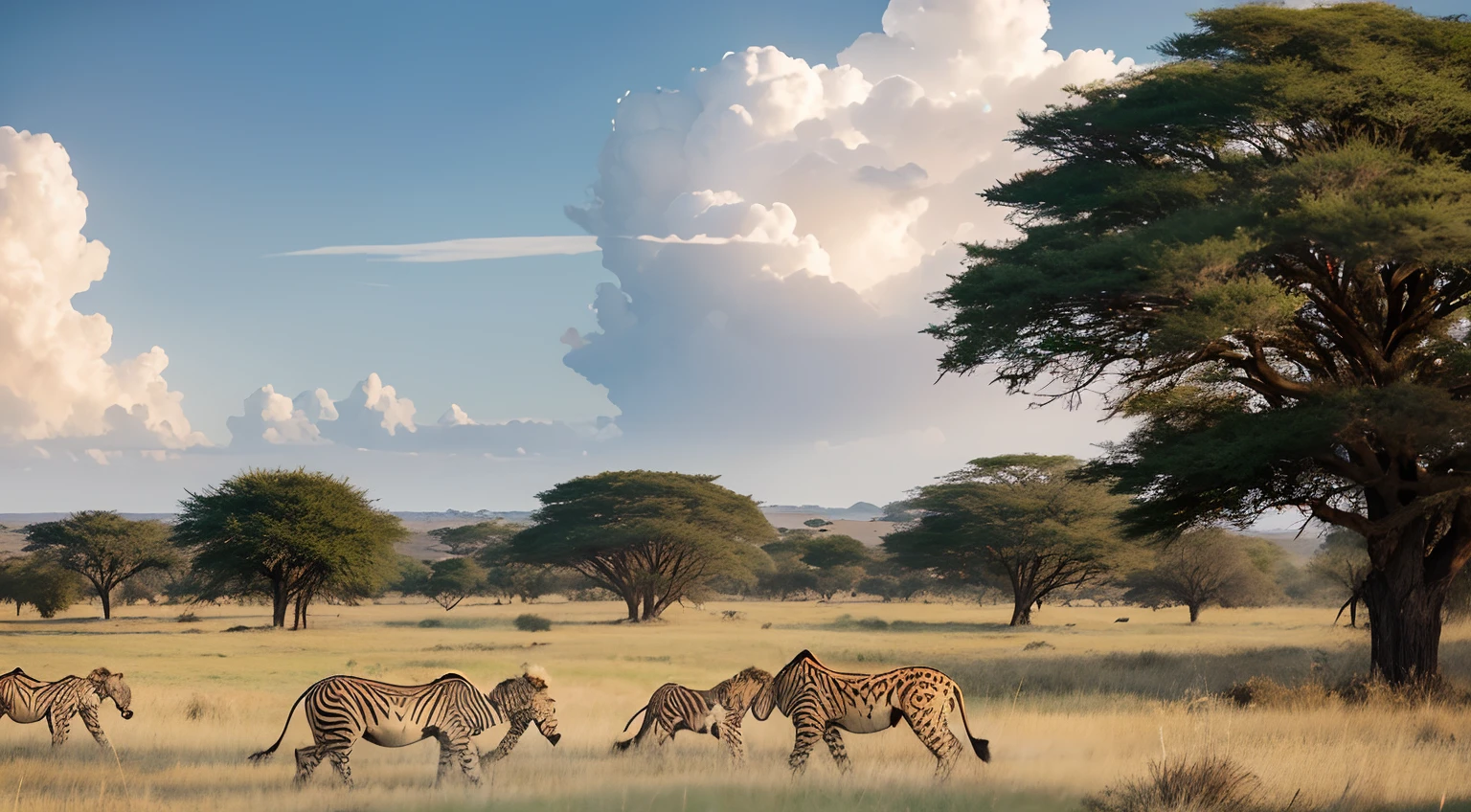Lions resting on the savannah of Africa，Zebras are grazing，A leopard lying on its stomach in a tree，The sky is covered with clouds，Colorful sunlight shines on the grassland，There are a few trees growing at random，Elephants lead baby elephants