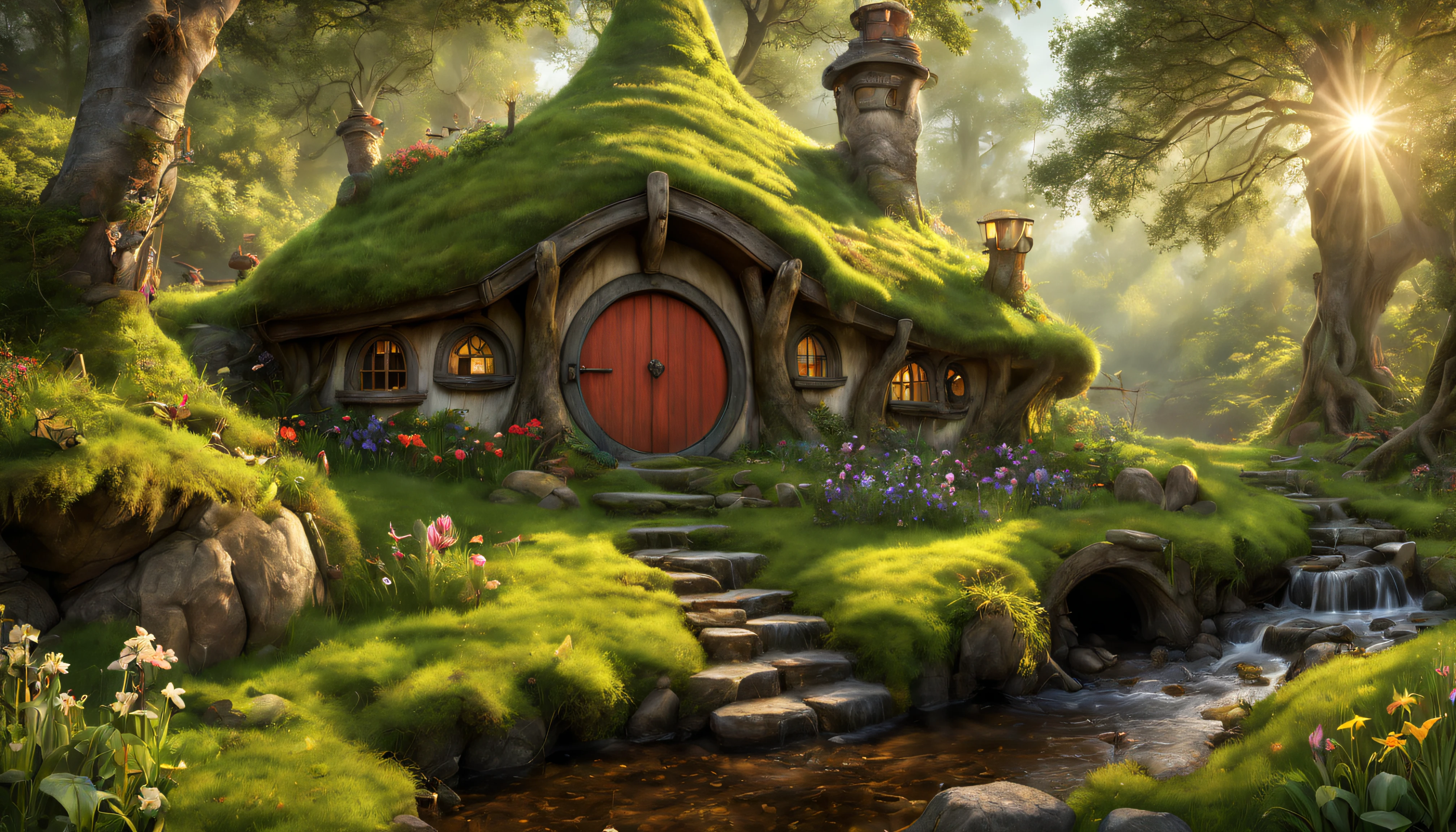 RAW photo, 8K  UHD, Digital SLR, photo-realistic, hyper photorealism, 8K resolution, hdr, Highly detailed, Ultra detailed. 
The hobbit's house is in a birch forest near a stream. 
(Gnome fishing). 
moss, A little morning mist, dawn, Sunrise, Light through the leaves, Flowers on the grass, Bright little butterflies, Frogs in the stream.