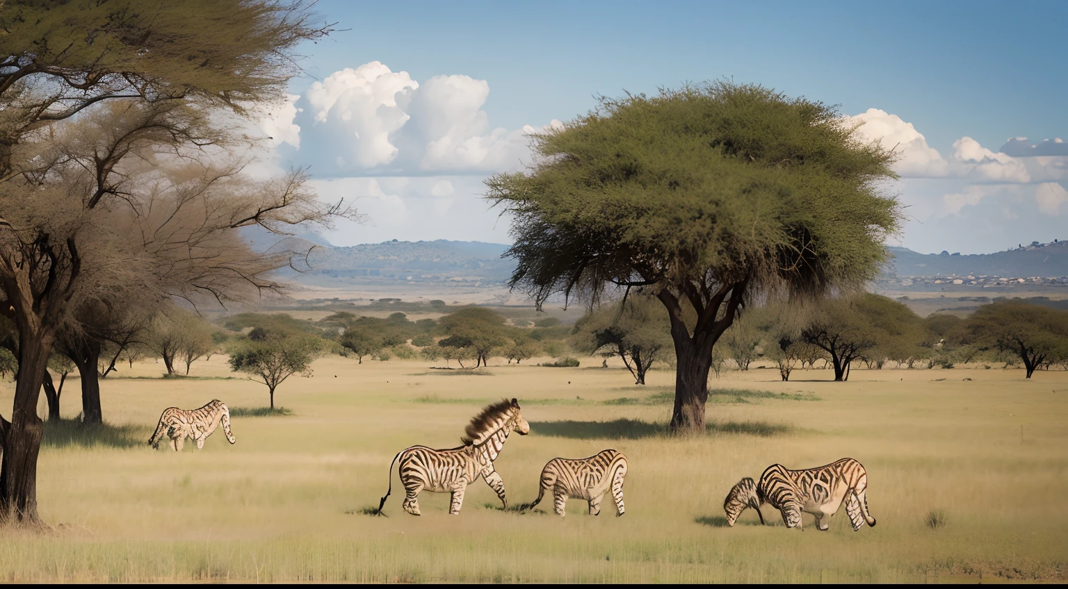 Lion resting on the savannah of Africa,Zebras and giraffes graze,There was a leopard lying on its stomach in the tree,The sky was covered with clouds,A few trees grow here and there in the grassland,The elephant herd is walking