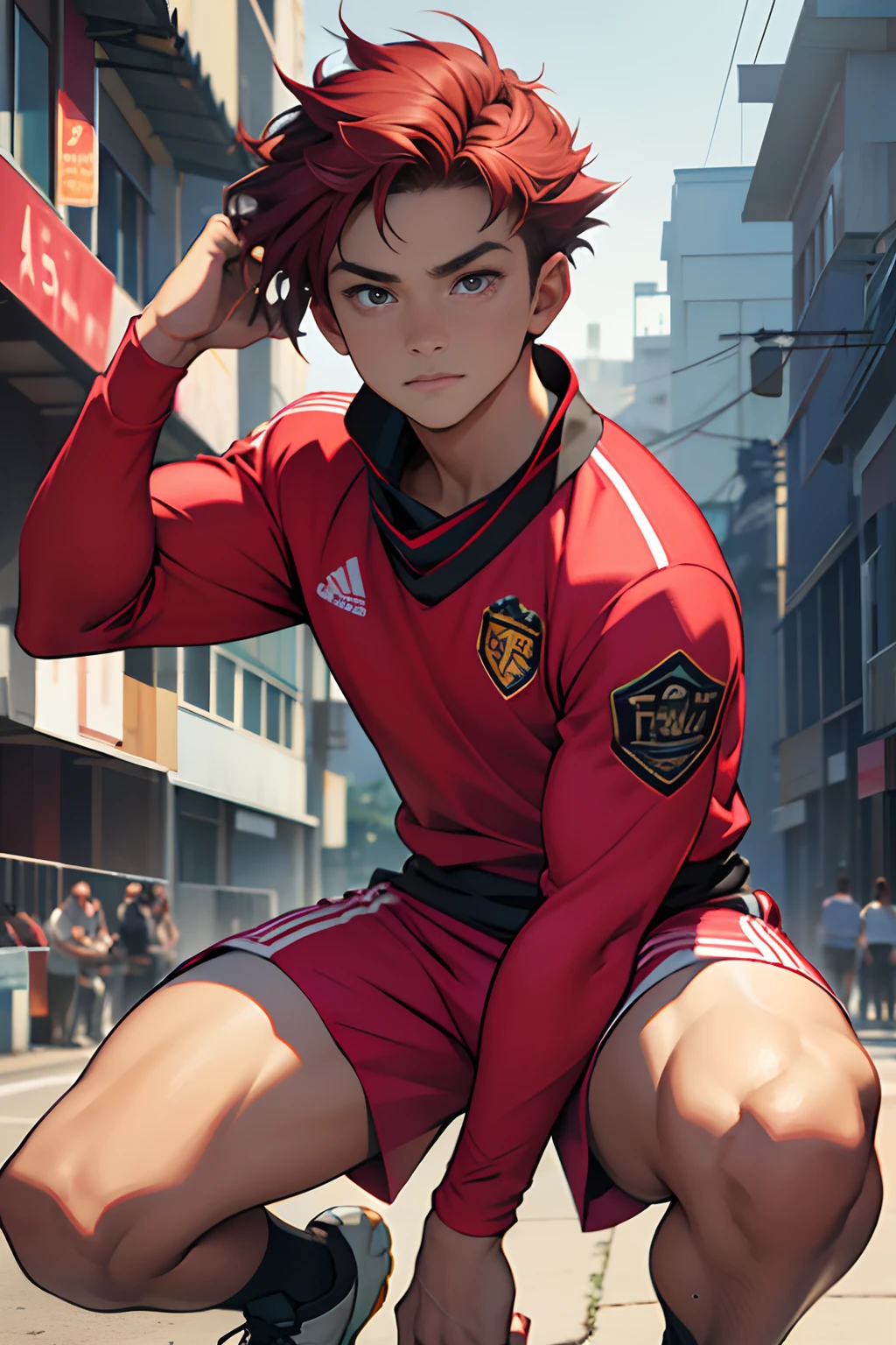 LaSolo, boy, ((male character))Masterpiece, Best Quality, Ultra Detailed, Best Illustration, Perfect Anatomy, High Resolution, High Resolution, 1 Boy, Short Spice Hair, Detailed pink ((Teen)), 16 Years Old, soccer cleats, white jersey with number, long yellow shorts with greyn edge, soccer ball mejor calidad,Ultra detallado,:1.37,cabello rojo, ojos azules ,Ojeras,bufanda ,pelo corto,serious expression, masculine features,Cara sombreada,Bufanda bien envuelta,Postura decaida,