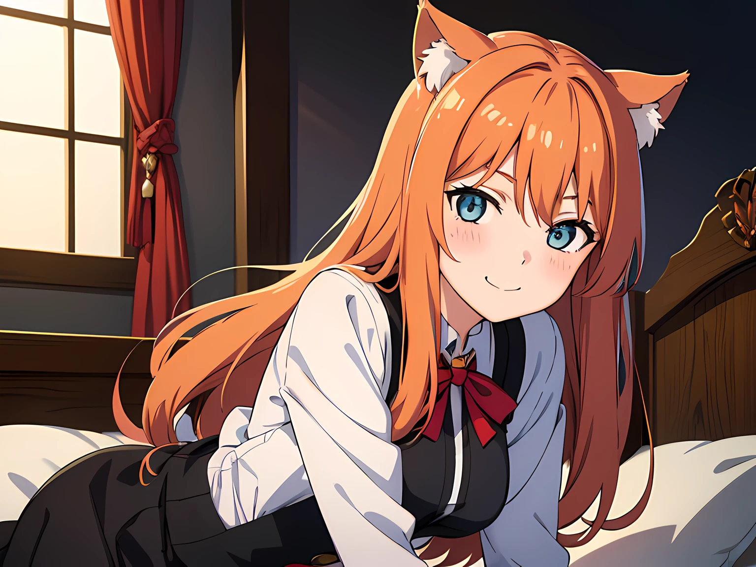 1 girl, sitting on bed arms behind back, (beautiful eyes finely detailed, dark orange hair color, long hair, cat ears, without human ears), wearing harry potter style uniform, happy facial expression, smiling, blush on her face, bedroom, sidelighting, an anime drawing inspired by ufotable studios, from fate stay night anime