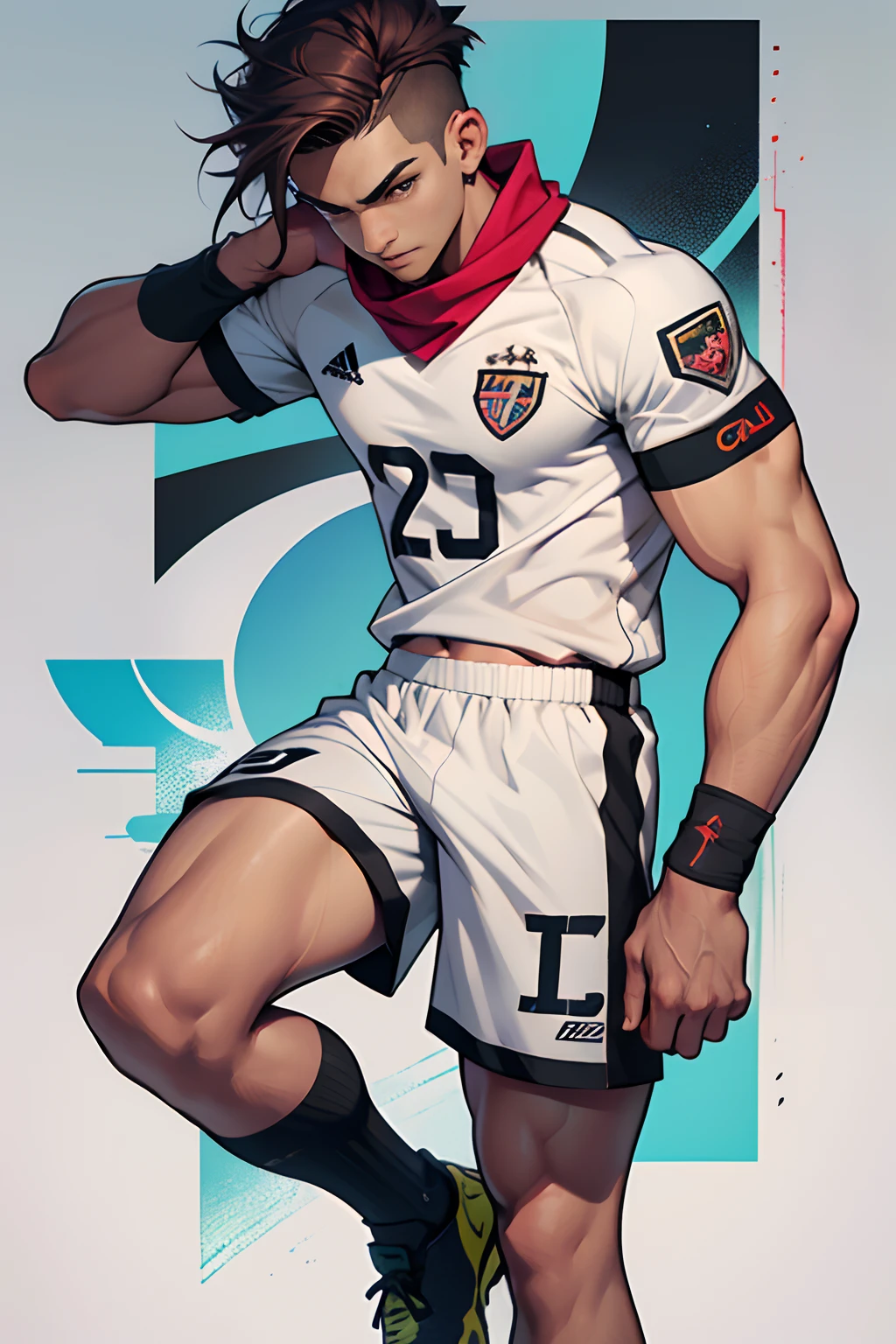 LaSolo, boy,  ((male character))Masterpiece, Best Quality, Ultra Detailed, Best Illustration, Perfect Anatomy, High Resolution, High Resolution, extremely muscular,b1 Boy, Short Spice Hair, Detailed pink ((Teen)), 16 Years Old, soccer cleats, white jersey with number, long yellow shorts with greyn edge, soccer ball mejor calidad,Ultra detallado,:1.37,cabello rojo, ojos azules ,Ojeras,bufanda ,pelo corto,serious expression, masculine features,Cara sombreada,Bufanda bien envuelta,Postura decaida, extremely muscular, kick, soccer ball