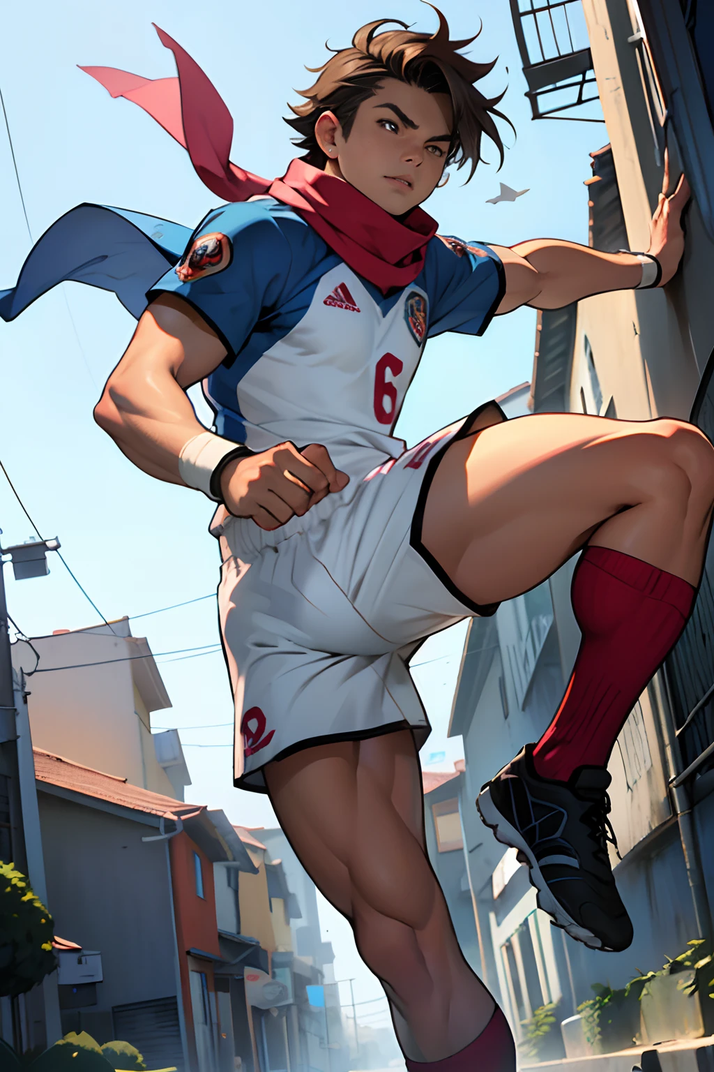 LaSolo, boy, ((male character))Masterpiece, Best Quality, Ultra Detailed, Best Illustration, Perfect Anatomy, High Resolution, High Resolution, 1 Boy, Short Spice Hair, Detailed pink ((Teen)), 16 Years Old, soccer cleats, white jersey with number, long yellow shorts with greyn edge, soccer ball mejor calidad,Ultra detallado,:1.37,cabello rojo, ojos azules ,Ojeras,bufanda ,pelo corto,serious expression, masculine features,Cara sombreada,Bufanda bien envuelta,Postura decaida, extremely muscular, kick, soccer ball