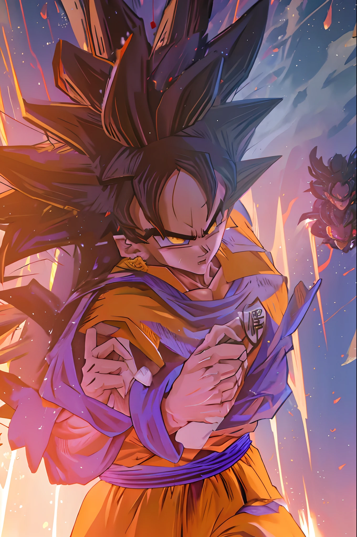 Depict Goku in his legendary Super Saiyan form with vivid realism. Render Goku's Super Saiyan transformation in hyper-realistic detail, capturing every muscle and energy aura.