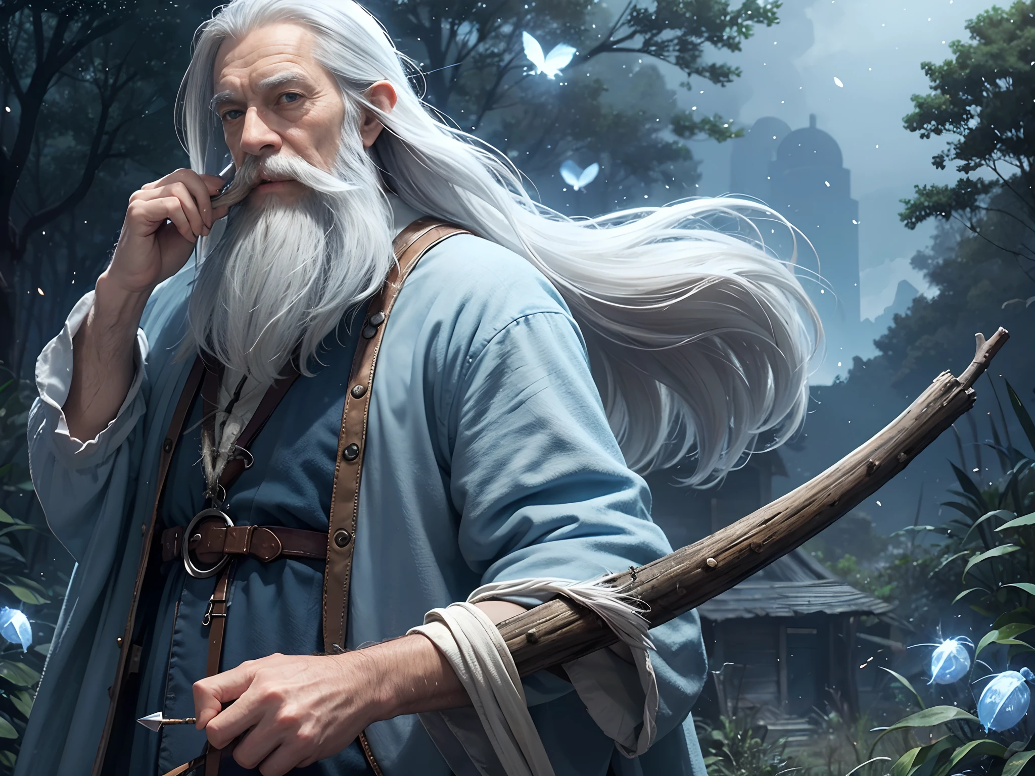 Old Man, long white moustache and beard, sky-blue and white outfit, long wand in hand, at night, fireflies, near old shack, magic, thoughtful character inspired by gandalf from lord of the rings