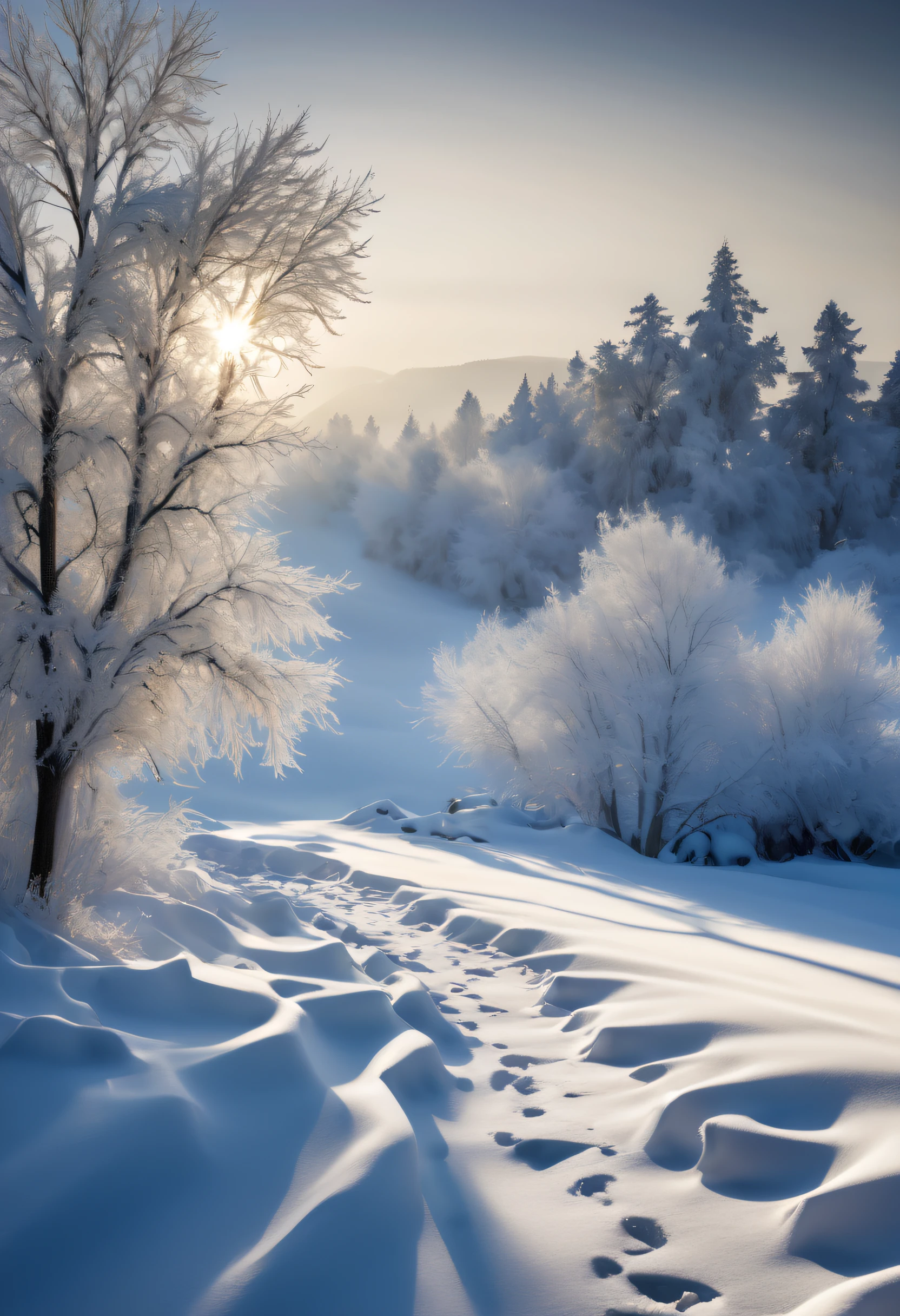 Visually stunning images showcasing the crystal beauty of winter, Artful images highlighting the interplay of light and shadows in winter, High-Definition Details, Exquisite Lighting and Shadows, Sharp Contrast, Fine Textures, Depth of Field, Balanced Color Palette