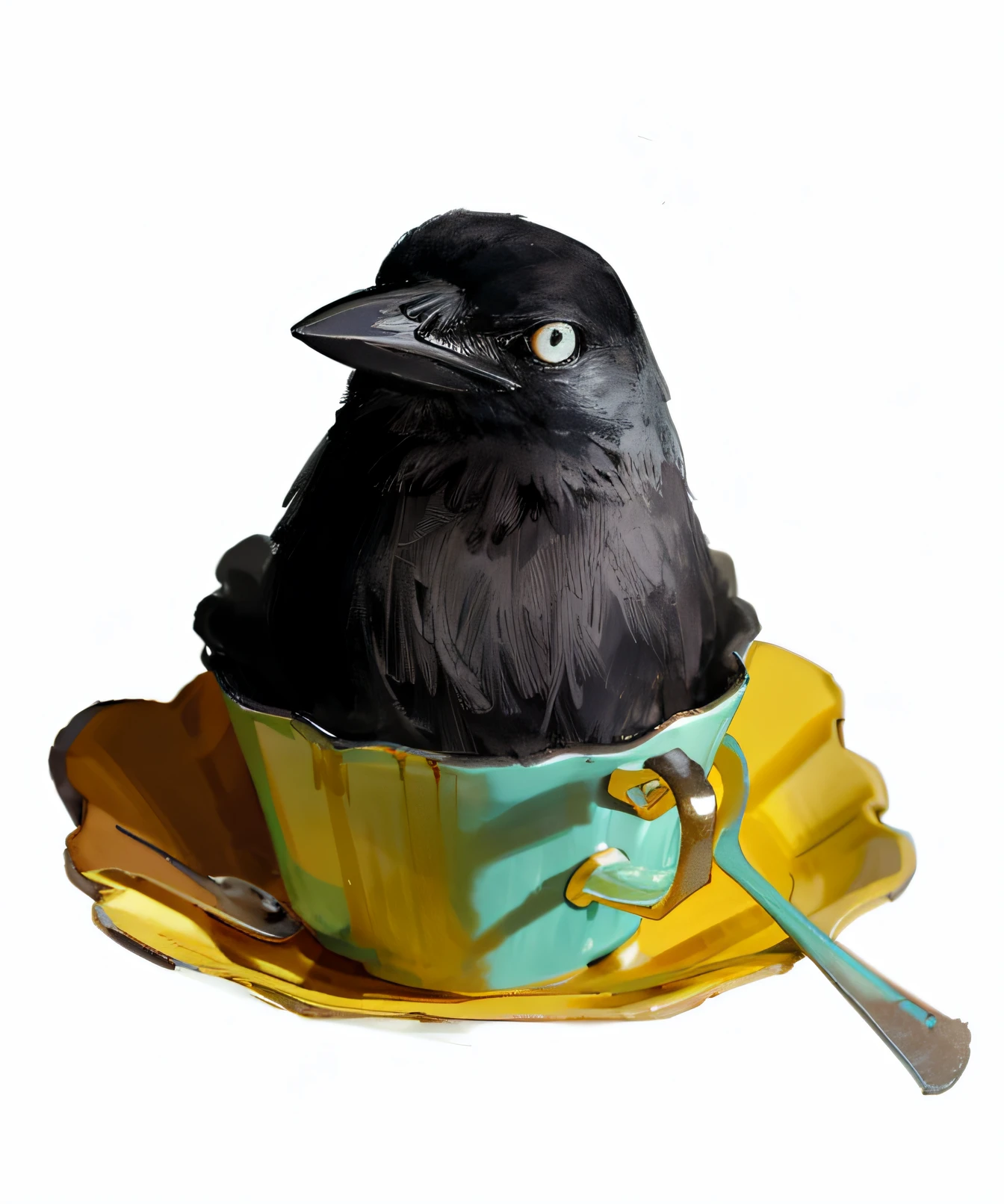 The crow sits inside a coffee cup,Black and white illustration