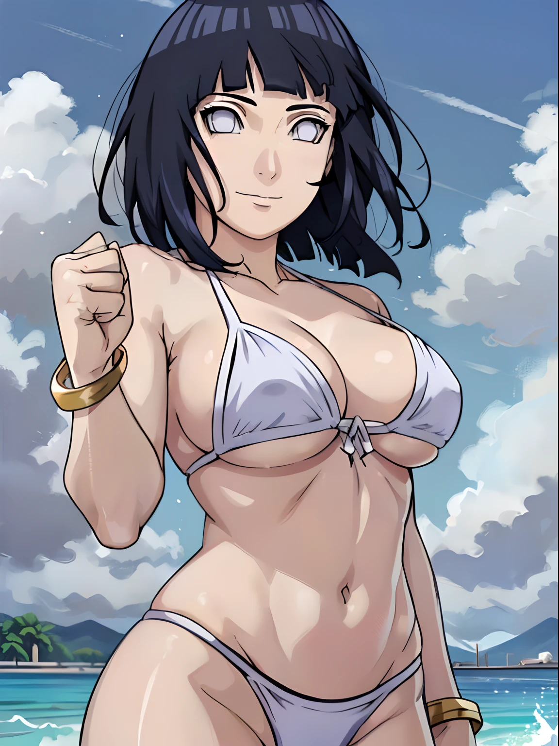 wind effect, playing beachball, cloud background, anime style, cute , beautiful mother, nice body, soft body, long belly, (hinata\(boruto\), (female wrestler), (slender body), mature woman , broad shoulders, off-shoulders, (transparent bikini, white bikini only,  pro wrestling outfit, bangles), smile, closed mouth, pale skin, cute, smile, (dark blue hair color:1.1), wavy hair, floating hair, ((short hair, hime cut, loose hair), big breasts, (only one arm stretching), long belly, (closed fists), , (perfect eyes, white sciera, bright eyes, white eyes, anime eyes)