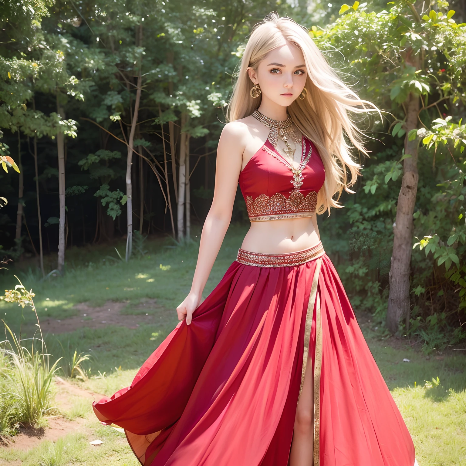 Cute anna sophia robb with red lehenga choli, long slit skirt