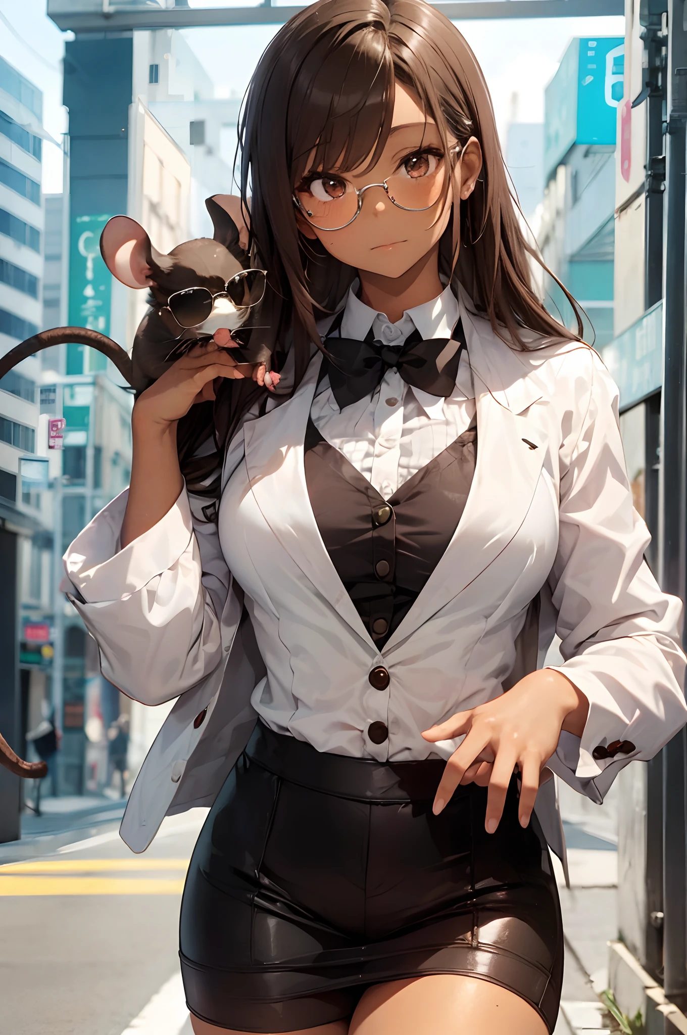 (A rat in a tuxedo and sunglasses is riding on the girl's shoulder)、BREAK,Ganguro,Kogyaru,Japanese - gyaru, ((Chocolate Brown Skin)),False eyelashes,gyaru make