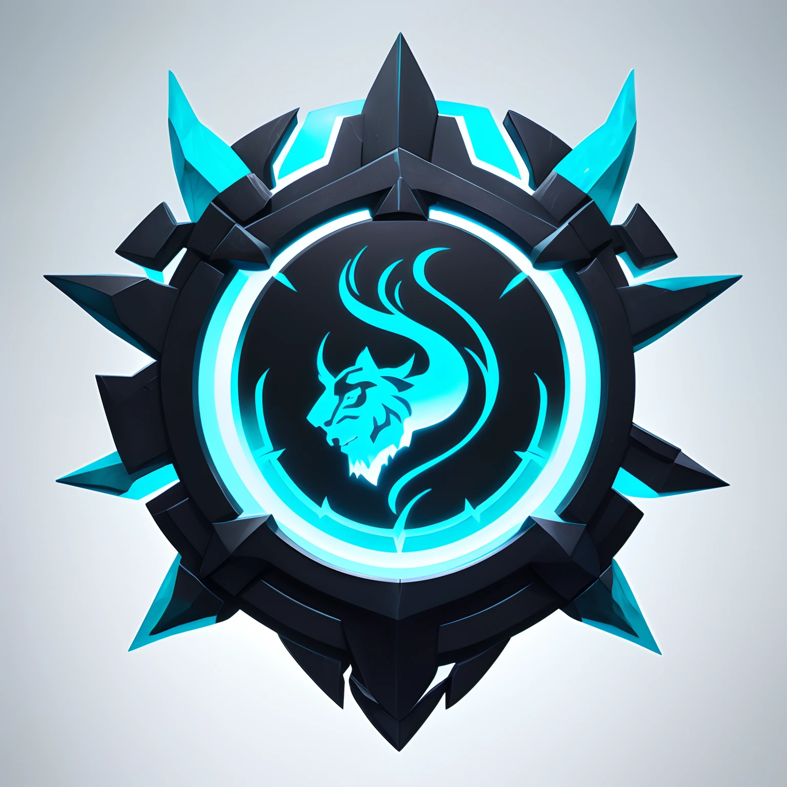 A close-up of a Turquoise and black logo on a white surface, Mana flows around him,turquoise, Antikes Symbol dahinter, turquoise glowing core, Starkes JPEG-Artefakt, Fantasy-Spiel-Zaubersymbol, Heartstone Original-Kunststil, World of Warcraft-Zaubersymbol, HERZSTEIN, Gedankenschinder,blaue akzente,Lion Head,2d