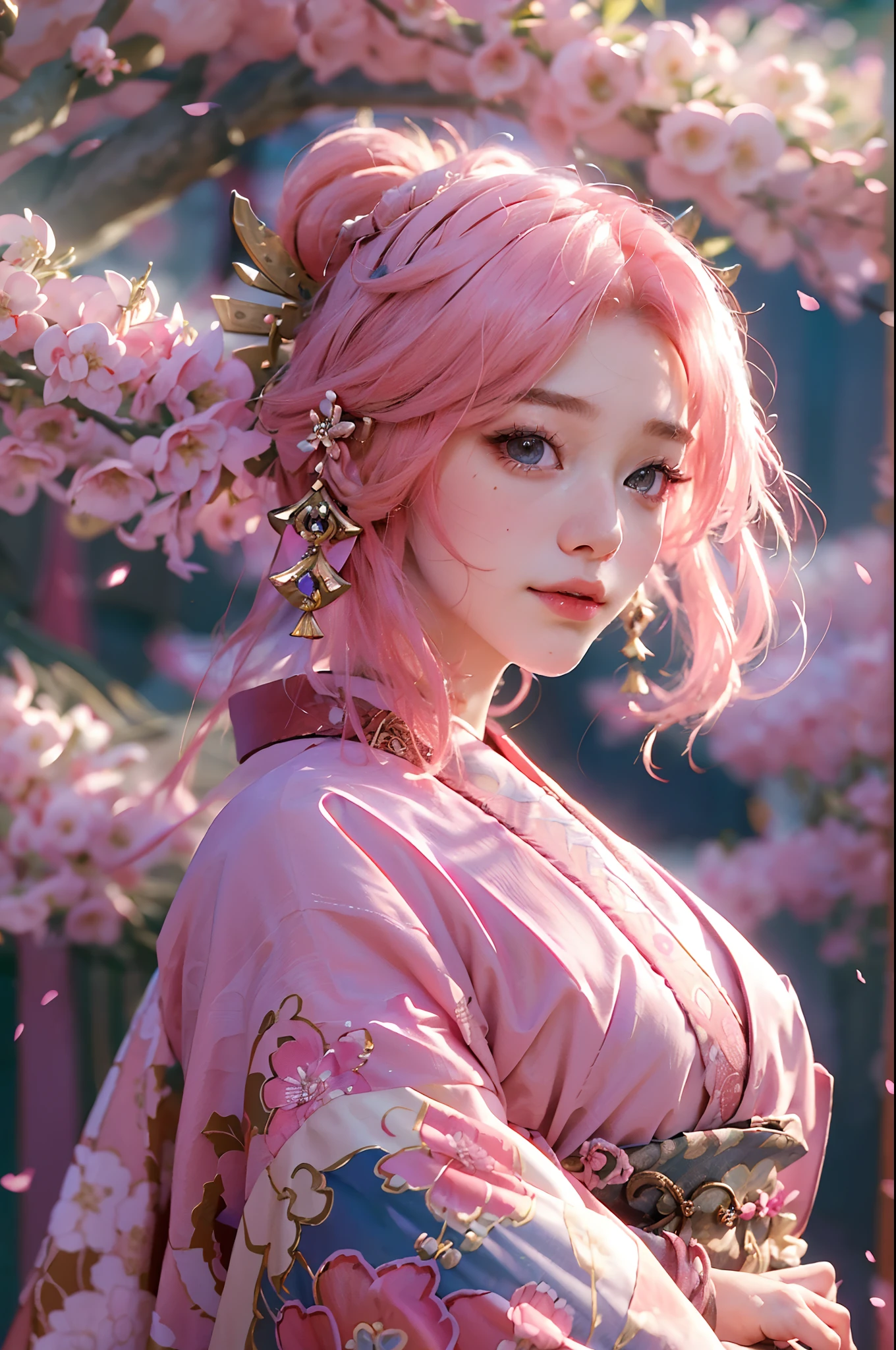 (best quality,4k,8k,highres,masterpiece:1.2),ultra-detailed,(realistic,photorealistic,photo-realistic:1.37), a beautiful young woman dressed as Yae Miko, pink hair, genshin impact, vibrant and flowing kimono, elegant and intricate patterns, cherry blossoms in the background, soft and warm lighting.