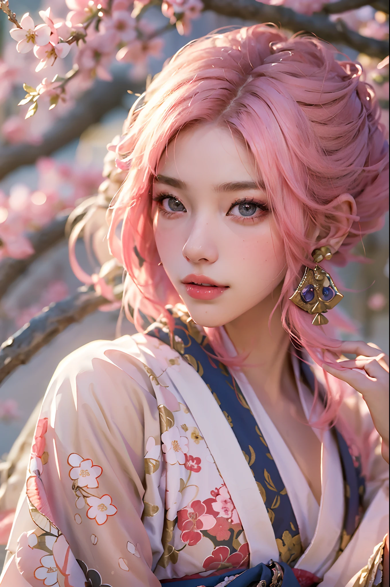 (best quality,4k,8k,highres,masterpiece:1.2),ultra-detailed,(realistic,photorealistic,photo-realistic:1.37), a beautiful young woman dressed as Yae Miko, pink hair, genshin impact, vibrant and flowing kimono, elegant and intricate patterns, cherry blossoms in the background, soft and warm lighting.