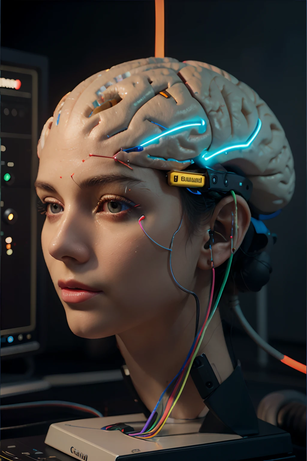 3d brain, 3D anatomical model of the brain, Multicolored 3D connected with cables on an audio card, Neuroscience Environment, science fiction neon brain, linda garota, imagem real, canon 50m
