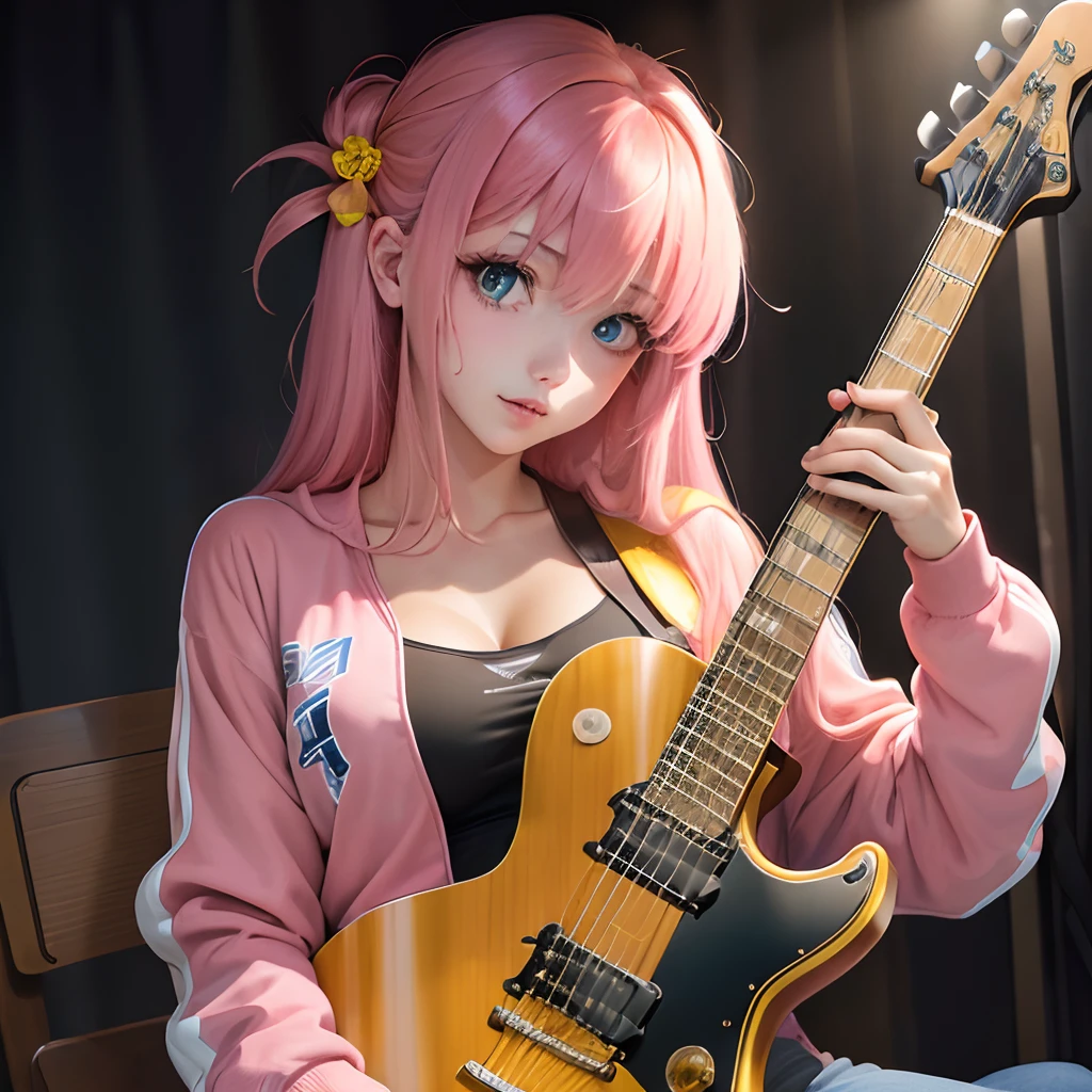 (masterpiece best quality: 1.5) ,youthfulness,Sensual beautiful girl strumming an electric guitar furiously:1.5,Solo,hair messy,Yamaha PACIFICA112VMX(Yellow Natural Satin),Hair over one eye:1.4,Longhair, bright pink hair,Straight hair,Candy Plasma Blue Eyes(slightly sideways, With eyelashes, tall eyes, Straight upper eyelid expression, The corners of the eyes are not curved):2.0,Pink jersey (Jacket, Long sleeves):1.2,Anime style,Natural harvesting,accurate fingers,Dark background,Hitorigotō,Polyvinyl chloride style,plump breast