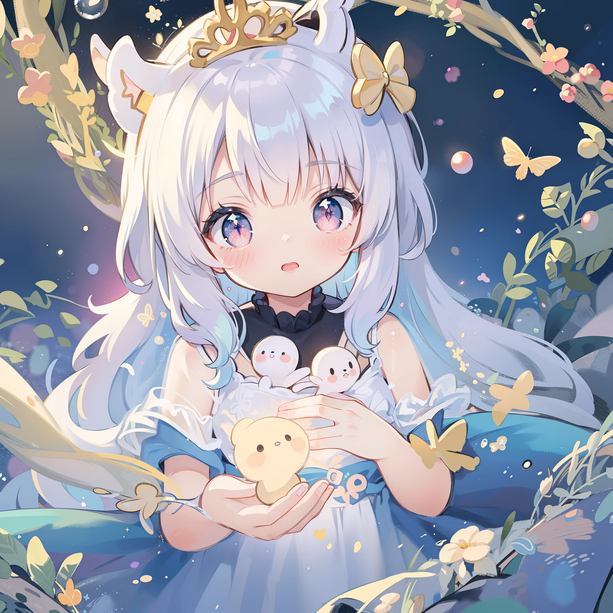 masutepiece, Best Quality, 8K resolution, Sharp Focus, intricate detailes, Beautiful Girl, Sparkling eyes, Golden Ratio Face, Otherworldly liquid, watercolor paiting, Pastel colors, Bright colors, capricious, Colorful, Sharp Focus, High resolution, Fine detail, Princess Layered Ball Gown, ((Round eyes)), Iridescent bubbles, Magical