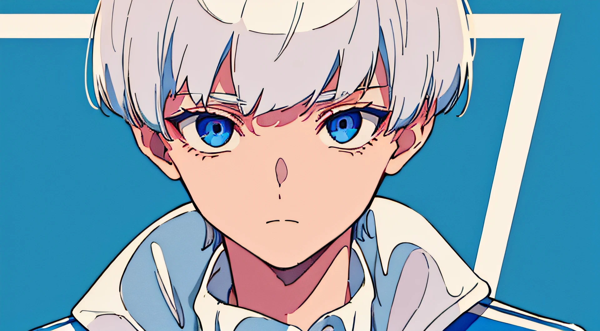 1 boy, solo, a young man, from the front, front facing, close-up, white hair, simple color, tracksuit wearing, jig eyes, white hair, a cool boy, mouth is hidden by clothes, blue eyes, bob cut, flat color style, retro pop, blue and pink only