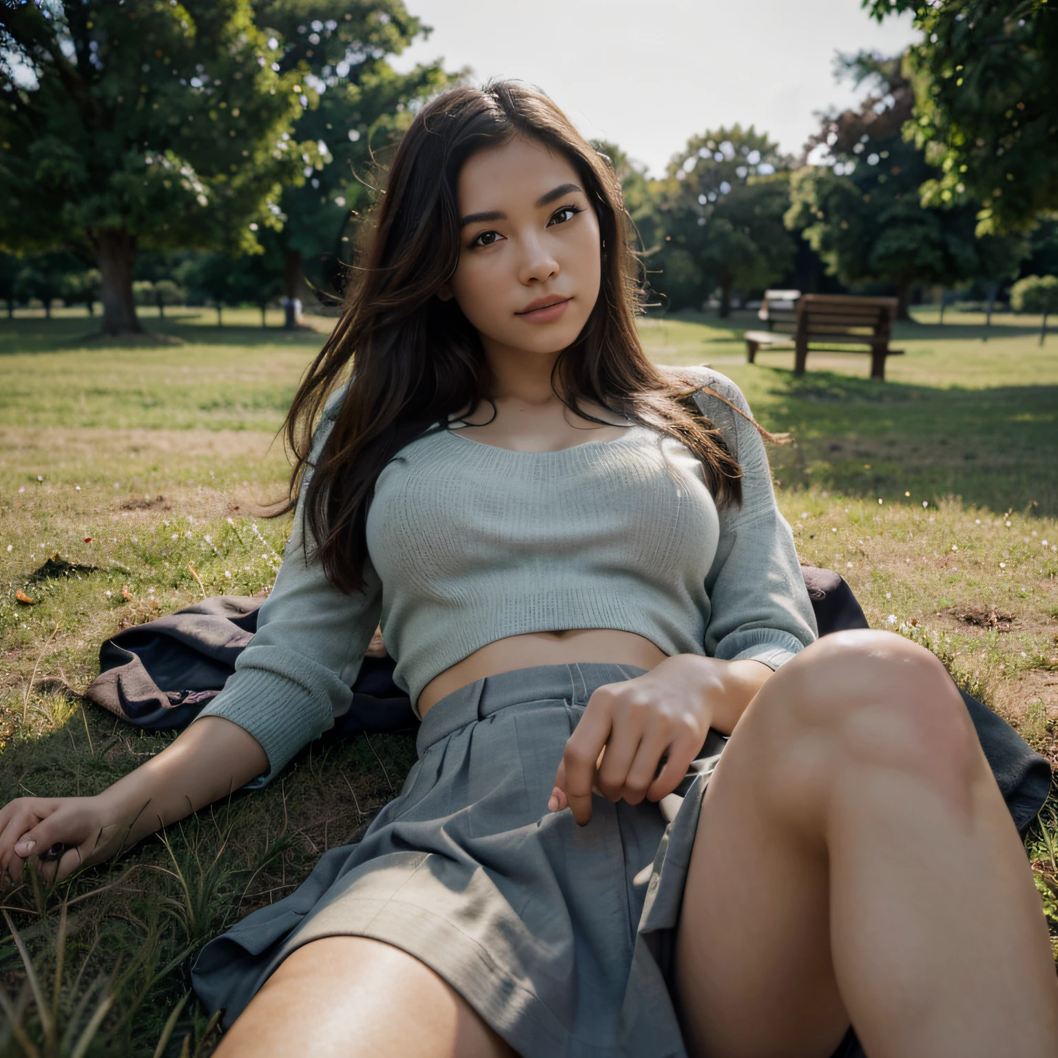 (Photoreal: 1.4), (Hyper-realistic: 1.4), (Realistic: 1.3), (Smooth lighting: 1.05), (Improved cinematic lighting: 0.9), 32K, depth of field, out of focus background, 20-year-old, 1 girl, asian, long skirt, medium breasts, loose sweater, australian park background, laying on a grass hill,