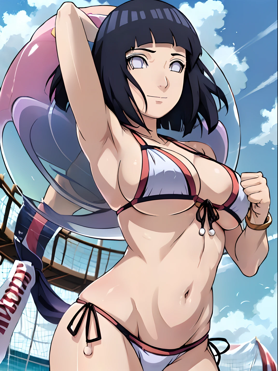 wind effect, playing beachball, cloud background, anime style, cute , beautiful mother, nice body, soft body, long belly, (hinata\(boruto\), (female wrestler), (slender body), mature woman , broad shoulders, off-shoulders, (transparent bikini, white bikini only, pro wrestling outfit, bangles), smile, closed mouth, pale skin, cute, smile, (dark blue hair color:1.1), wavy hair, floating hair, ((short hair, hime cut, loose hair), big breasts, (only one arm stretching), long belly, (closed fists), , (perfect eyes, white sciera, bright eyes, white eyes, anime eyes)