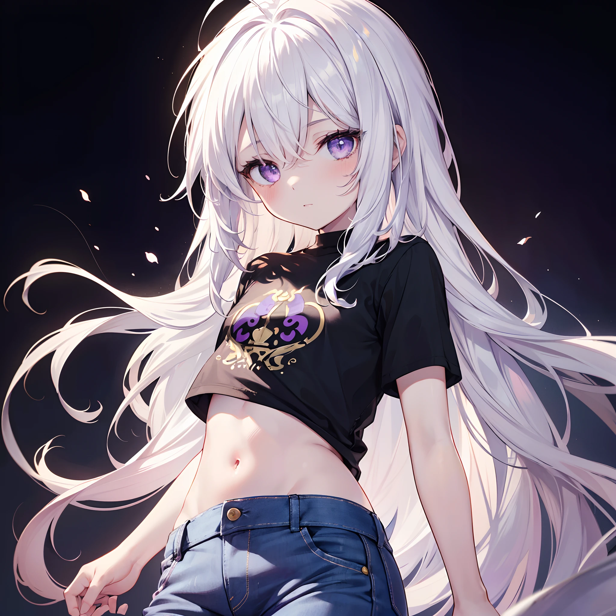 Character design view,(8K, Best quality, tmasterpiece:1.2),\(eye detailed\),\(Facial features\),(\(Clothes detail details\)\),full bodyesbian,(Facial focus) ,Very detailed CG unity 8K wallpaper,hugefilesize,ultra - detailed,A high resolution,absurderes,beautidful eyes,Ray traching,dramatic shadow,finely detailled,Dramatic angles,Hyper-detailing,(1 girl:1.3),(Solo),((Messy hair,Long hair,White hair,Curled hair,Long bangs:1.3)),((largeeyes,dark circles,Purple eye:1.3)),Loli,((Prette body,Little girl,weak:1.4)),((Flat chest,flat ass:1.4)),((T-shirt,Denim hot pants:1.3)),[(Black background color::Step 10)],black fog background