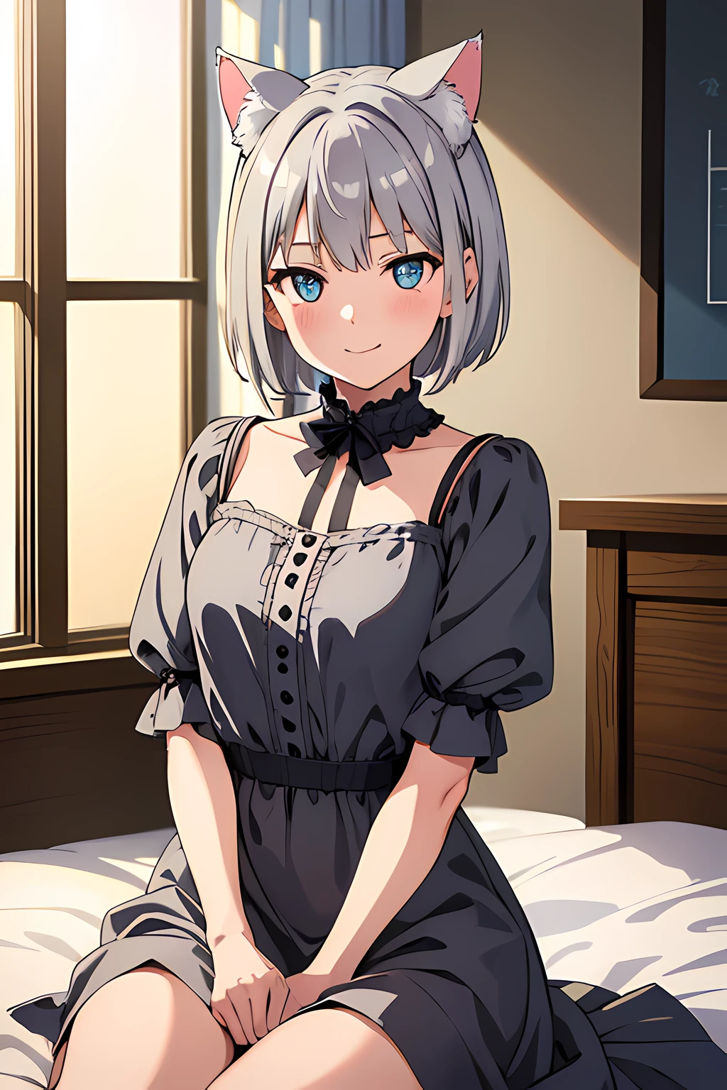 1 girl, sitting on bed arms behind back, (beautiful eyes finely detailed, gray hair color, short hair, cat ears, without human ears), wearing long witch dress, happy facial expression, smiling, blush on her face, bedroom, sidelighting, masterpiece, top-quality, detailed, High resolution illustration