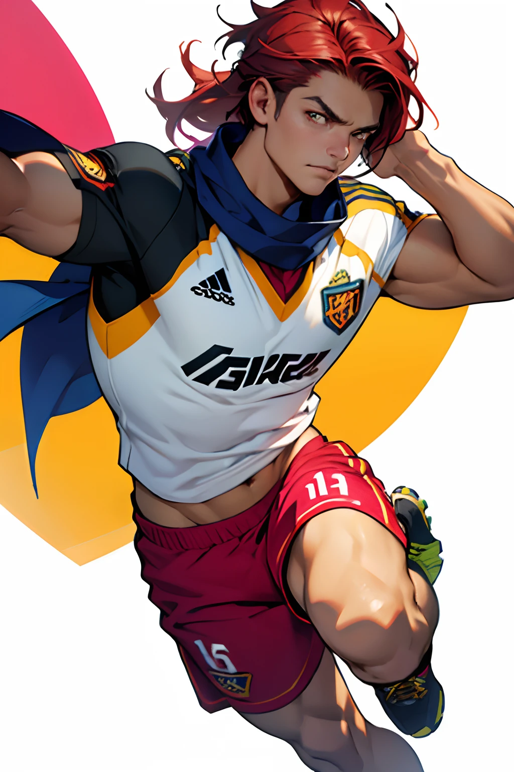 LaSolo, boy,  ((male character))Masterpiece, Best Quality, Ultra Detailed, extremely masculine muscular character, Best Illustration, Perfect Anatomy, High Resolution, High Resolution, 1 Boy, Short Spice Hair, Detailed pink ((Teen)), 16 Years Old, soccer cleats, white jersey with number, long yellow shorts with greyn edge, soccer ball mejor calidad,Ultra detallado,:1.37,cabello rojo, ojos azules ,Ojeras,bufanda ,pelo corto,serious expression, masculine features,Cara sombreada,Bufanda bien envuelta,Postura decaida,,broad shoulders,  goalie