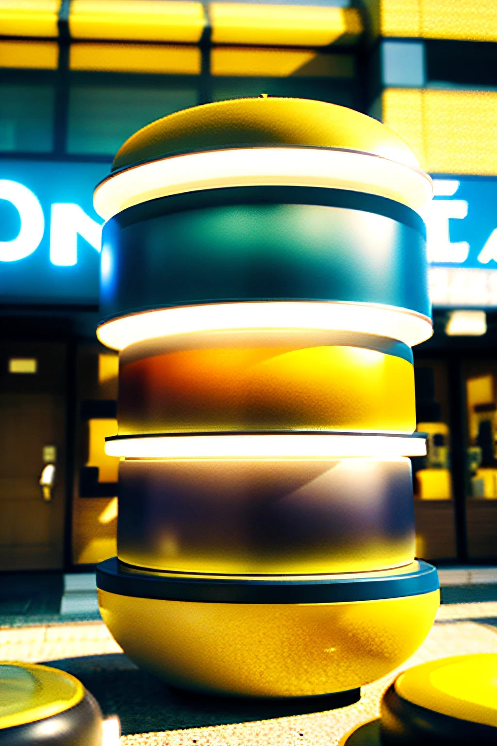 Reference image,Render a circular street scene with a medical theme and a large pharmacy。The structure is rounded,The light is strong,Yellow is the main color。The modern style is sleek and simple,Simple and crisp,C4D, blender -ar 3:4