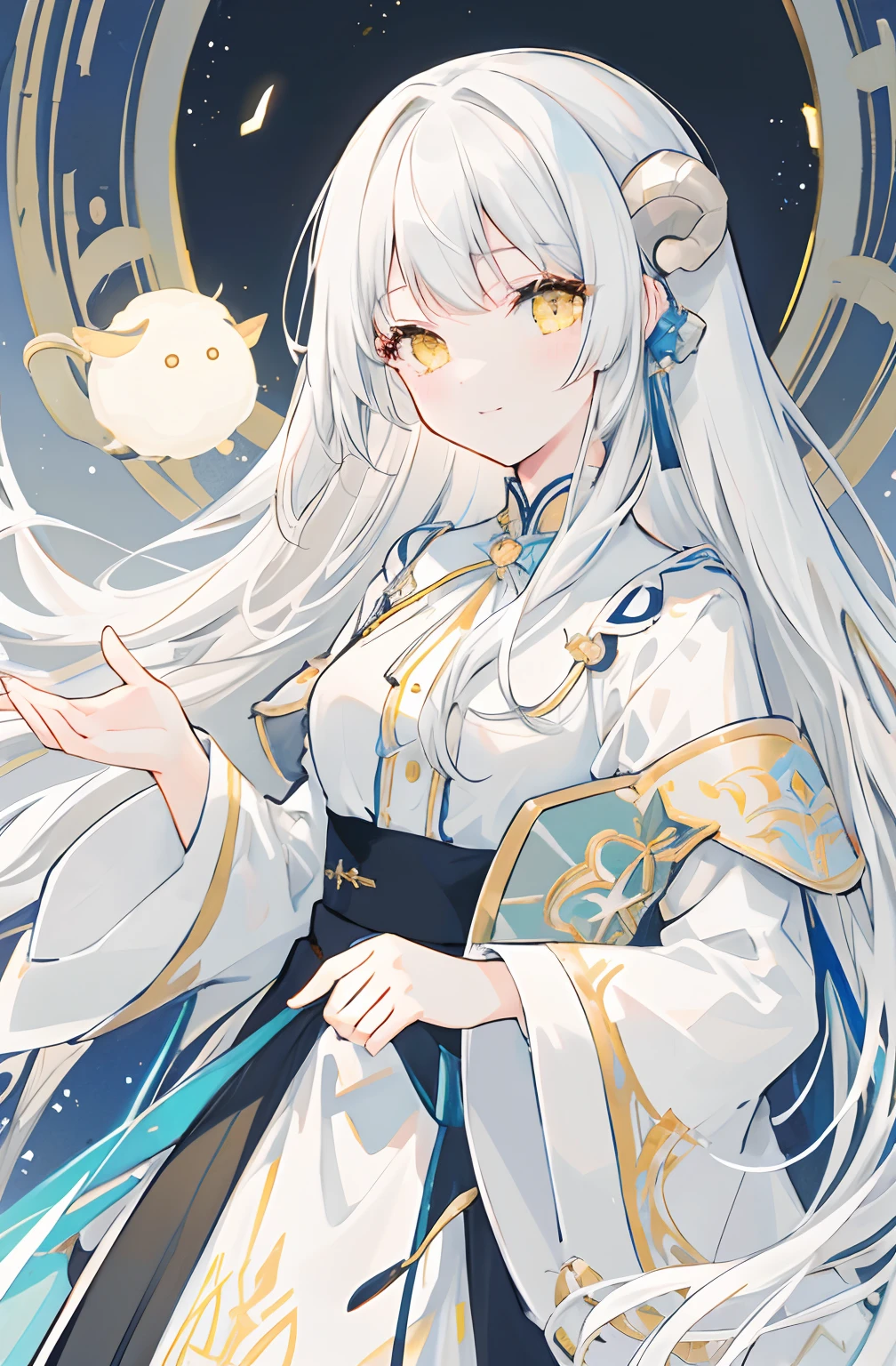 ((masterpiece)), ((top-quality)), (The Amazing Dessinger), (best artist), (Best illustrated landscapes), (best performance), (4K Full HD), (nffsw+), (1girl in) (long to)white hair, (glowing yellow eyes), (astonishing)Starry side landscape painted in artistic and cinematic tones - Mayna Pastel Style - V5(anime illustrated)、Sheep's Horn、Cute smile、depth of fields、Black dress