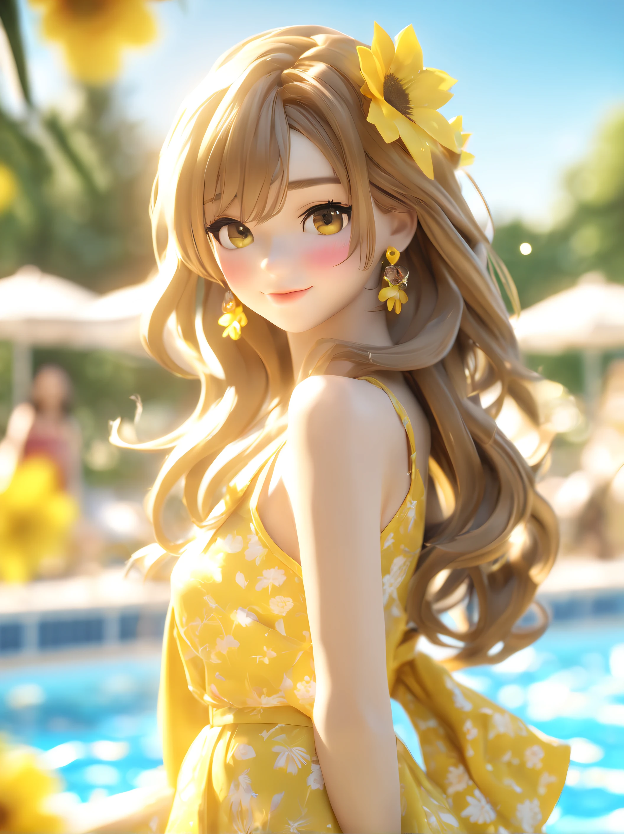 (Best Quality:1.5, Highres, UHD, 8K, Detailed Lighting, Shaders), (American Girl Face), Brown Long Hair, Straight long hairstyle, Yellow Ribbon, Yellow Cute Summer Flower Dress, (POV), Pool Background, Colorful Eyeshadow, Dramatic Lighting, Sparkling Eyes, Confident Expression, Golden Earrings, Straight long hairstyle, Delicate Facial Features, Soft Skin, High Cheekbones, Stylish Clothing, Pool Setting, (medium body portrait), Looking at viewers, Sharp Focus, Best lighting effects, Very detailed, hyper-detailed