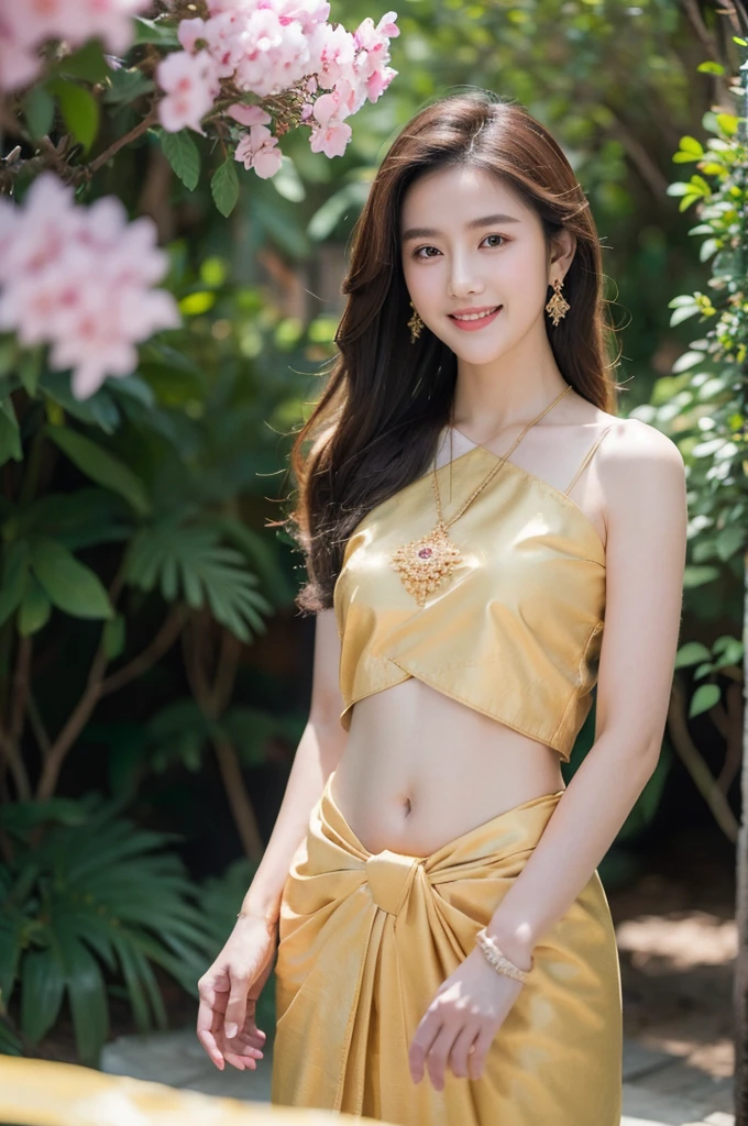 8k, masterpiece, RAW photo, best quality, photorealistic, extremely detailed CG unity 8k wallpaper, Depth of field, Cinematic Light, Lens Flare, Ray tracing, (extremely beautiful face, beautiful lips, beautiful eyes), intricate detail face, ((ultra detailed skin)), (liuyifei:0.2) 1girl, in the dark, deep shadow, pretty girl, (very slim slender fit-muscled body:1.3), ((looking at viewer)), (big smile:1.3), clear eyes, front shot, (pale skin), (big eyes), face forward, (brown hairs), (looking at viewer:1.3), very slim, small breasts, (upper body shot), BREAK (windy:1.4), (floating hair:1.3), (black sabai:1.4), (traditional thai dress:1.2), (jewelry:1.3), (navel:1.2), in wonderful garden, sunray, sun raise, sun light,