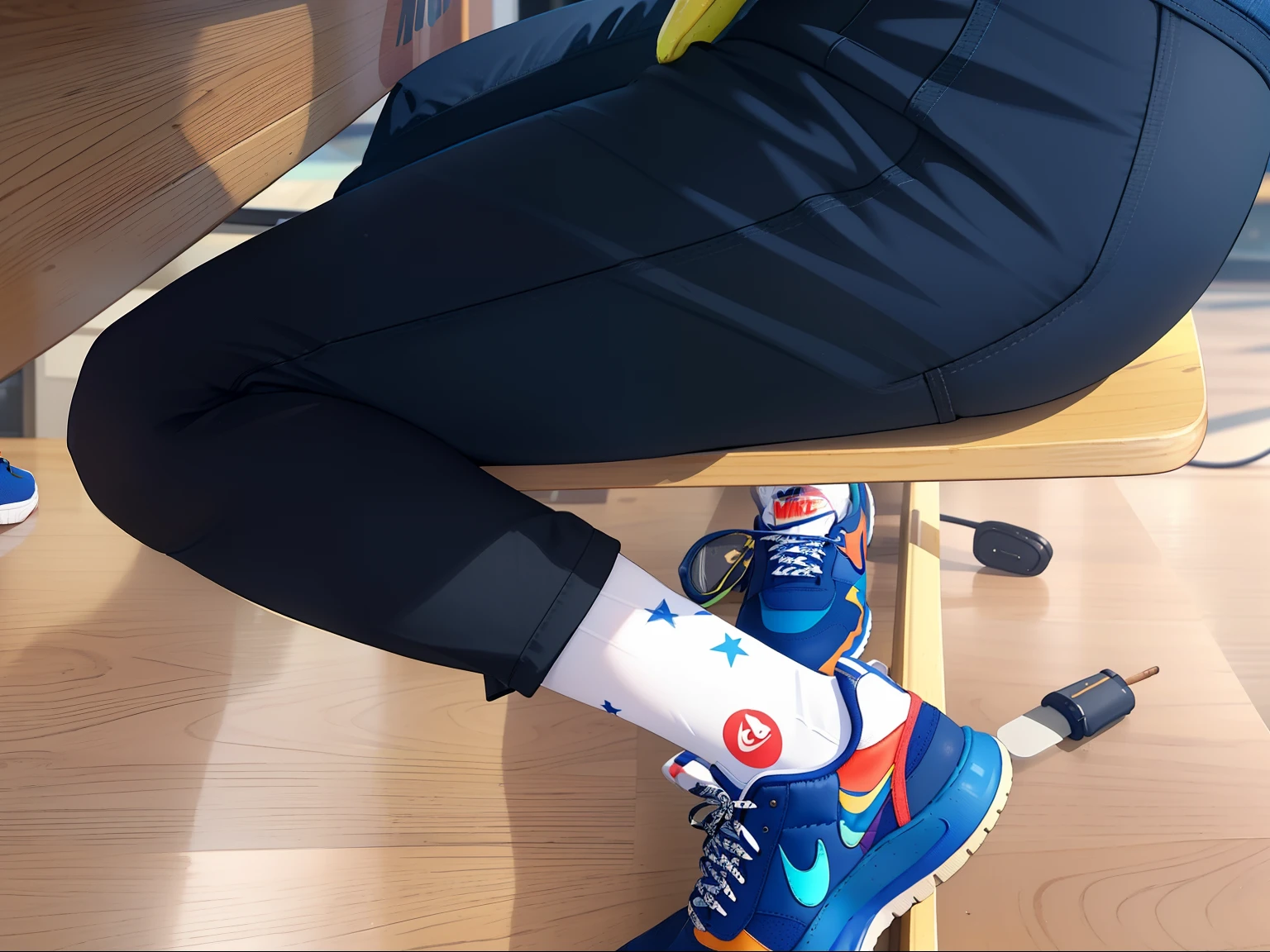 Someone sitting on a bench with a banana on his leg, 🔥 😎 🕹️ 👀 :2, sneaker photo, Behind the legs, Sitting on a desk, High sole, sitting on top a table, Close-up on feet, Revolver on a chair, detailed shot legs-up, by Romain brook, 🕹️ 😎 🚬, Wearing Nike Air Magazines