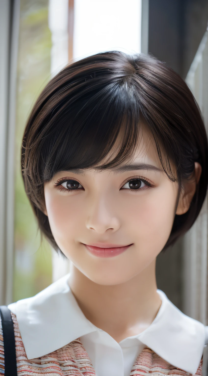 (photographed:1.2)、(Photorealsitic:1.4)、(masterpiece:1.3)、(top-quality:1.4)、超A high resolution、(A detailed eye)、(detailed facial features)、(detailed clothes features)、8K分辨率、solofocus、bangss、Double eyelids、japanes, (1girl in), beauitful face, (Lifelike face), (A dark-haired, short-hair:1.3), Beautiful hairstyle, Realistic eyes, Beautiful eyes, (real looking skin), Beautiful skin, enticing, 超A high resolution, A hyper-realistic, high-detail, see the beholder,A smile,camisa branca aberta,is standing、Feeling peeking from below、Kamimei